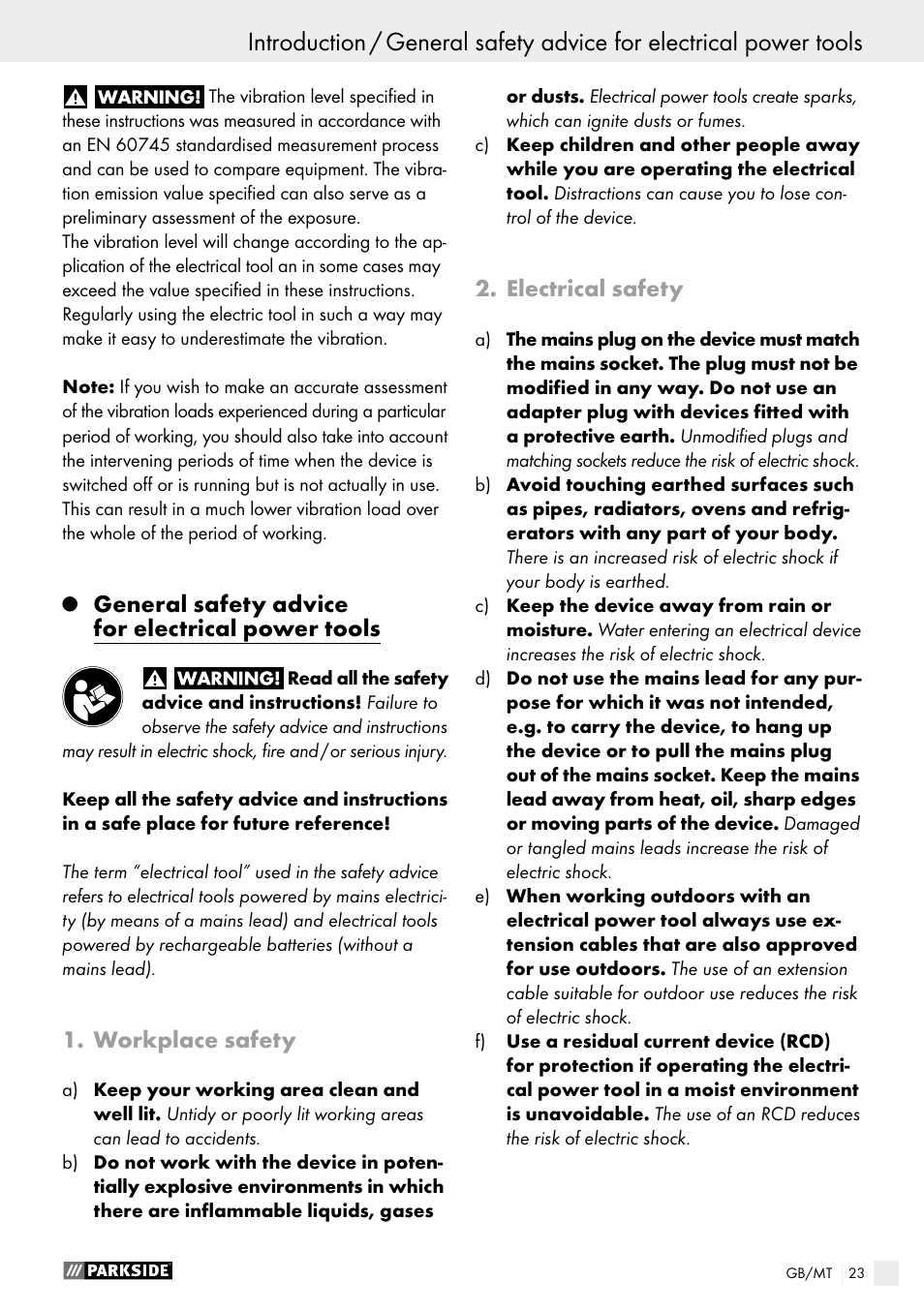 General safety advice for electrical power tools, Workplace safety, Electrical safety | Parkside PWS 230 A1 User Manual | Page 23 / 49