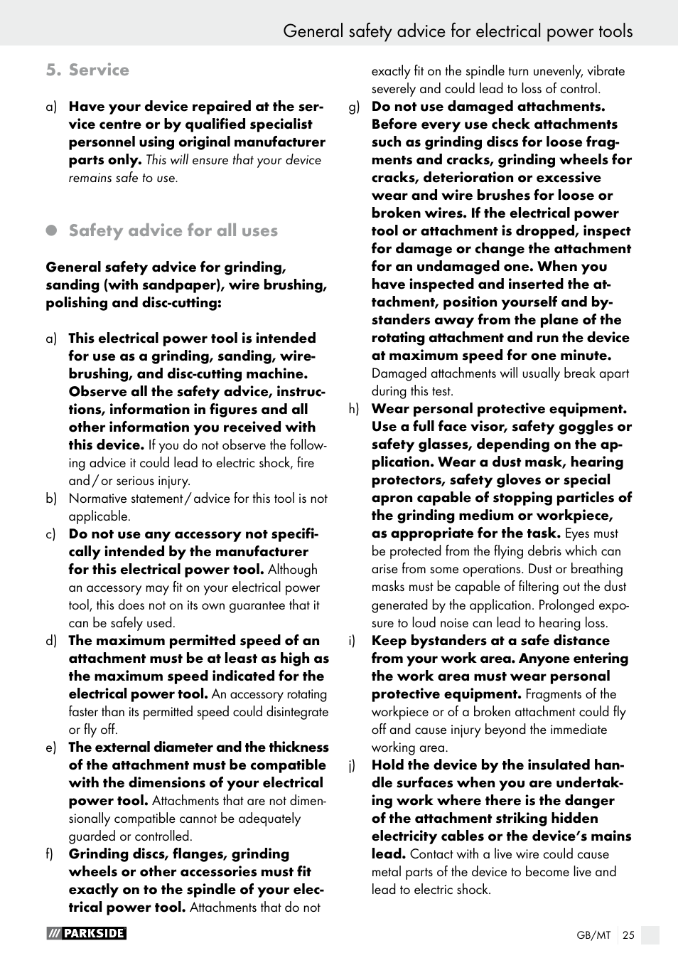 General safety advice for electrical power tools, Service, Safety advice for all uses | Parkside PWS 230 A1 User Manual | Page 25 / 49