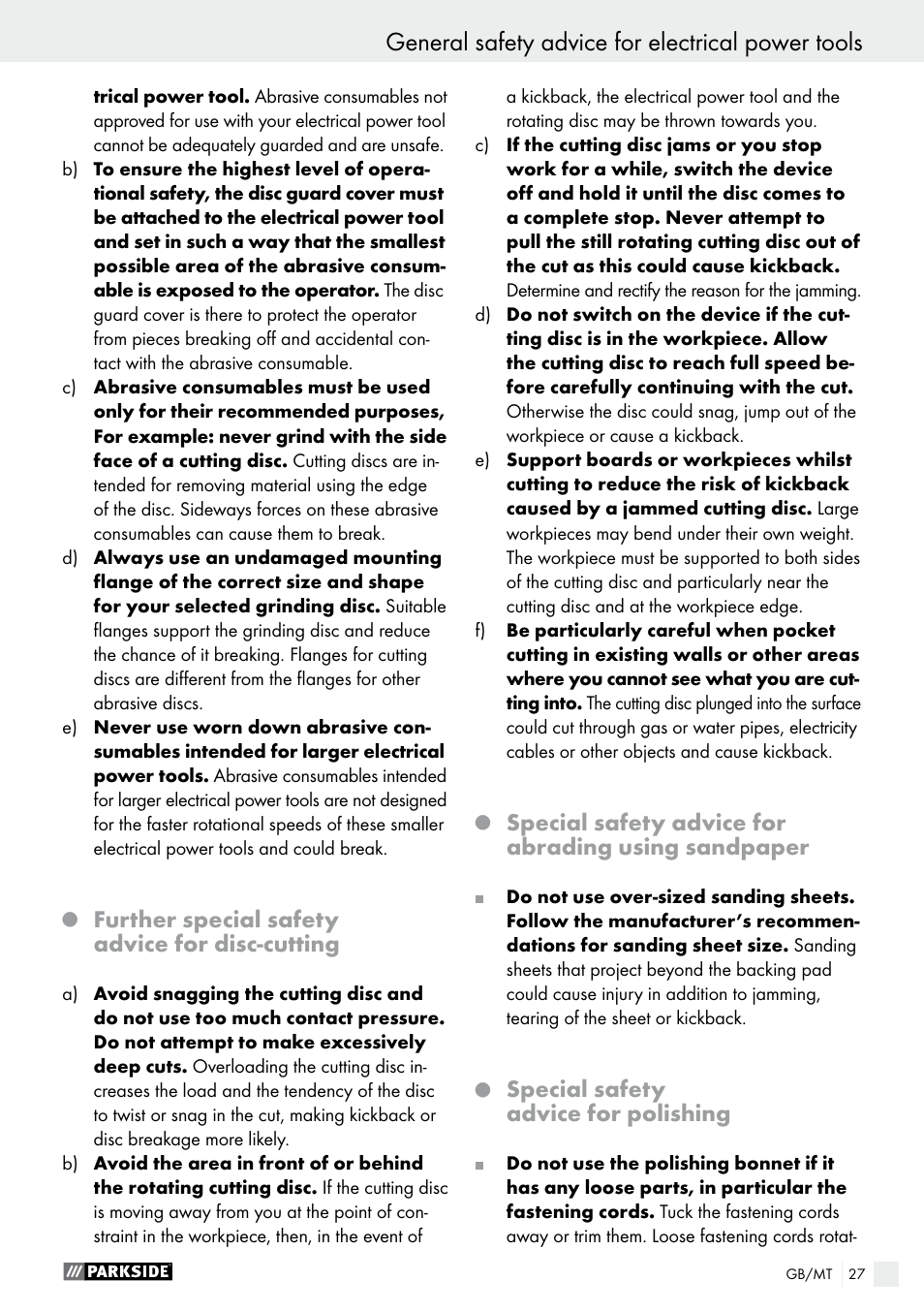 General safety advice for electrical power tools, Further special safety advice for disc­cutting, Special safety advice for abrading using sandpaper | Special safety advice for polishing | Parkside PWS 230 A1 User Manual | Page 27 / 49