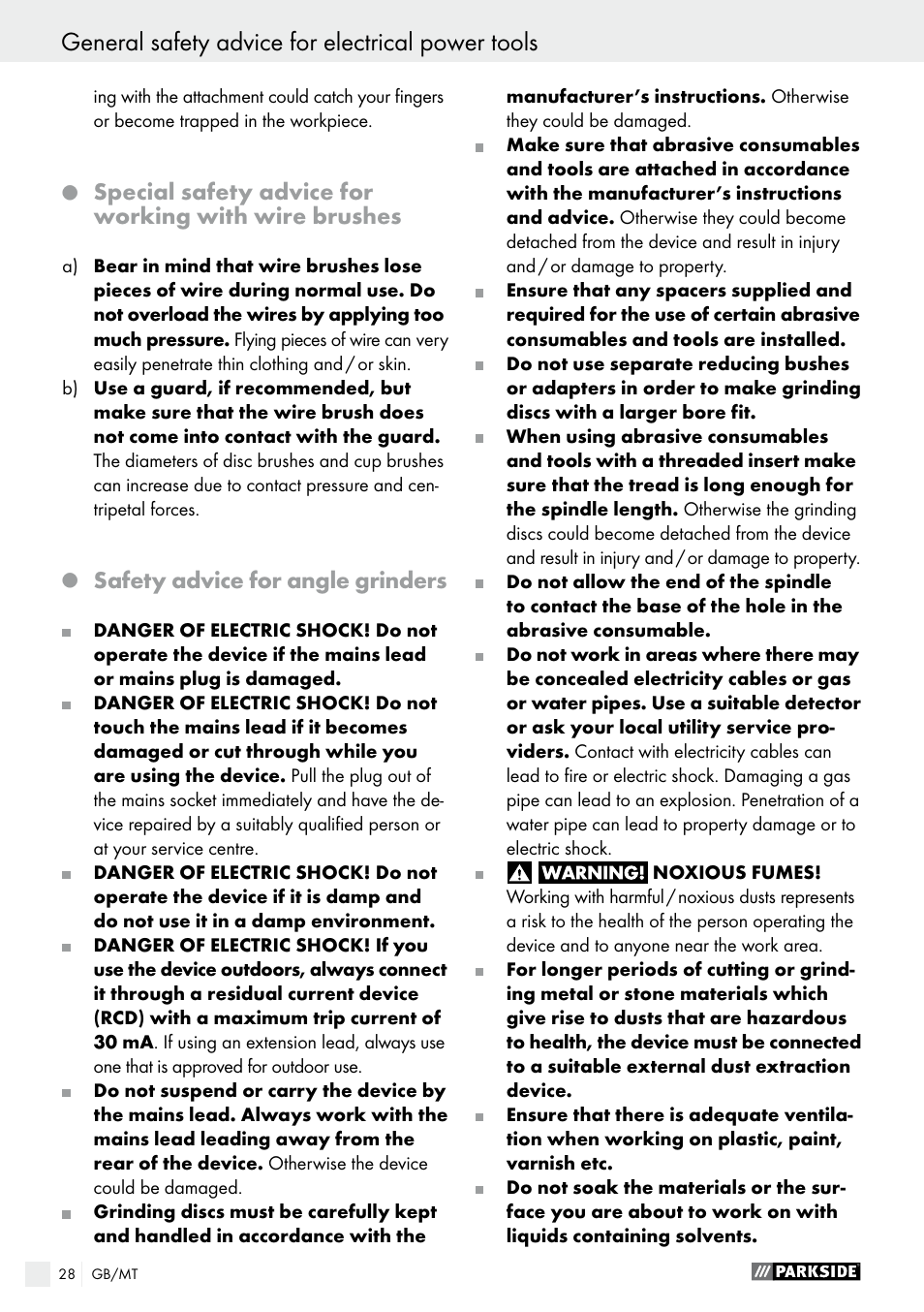 General safety advice for electrical power tools, Safety advice for angle grinders | Parkside PWS 230 A1 User Manual | Page 28 / 49