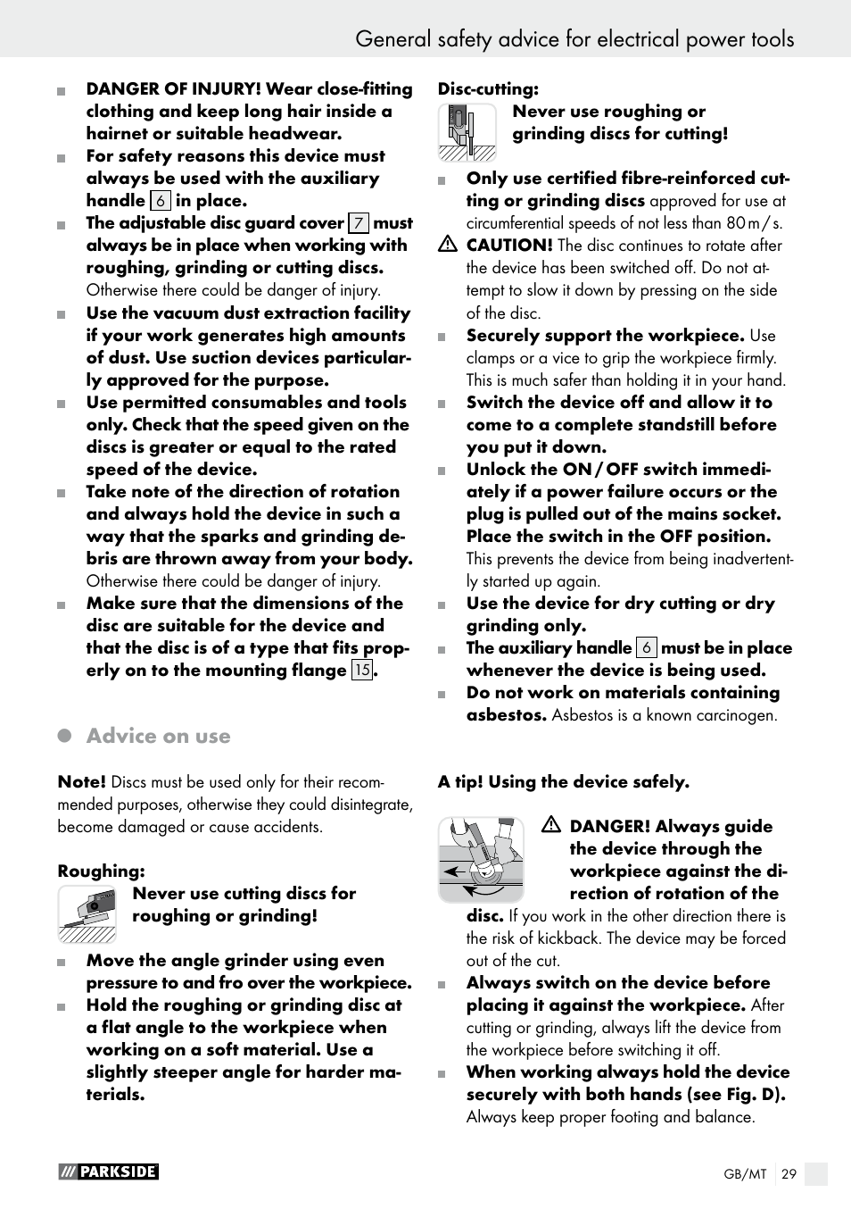 General safety advice for electrical power tools, Advice on use | Parkside PWS 230 A1 User Manual | Page 29 / 49