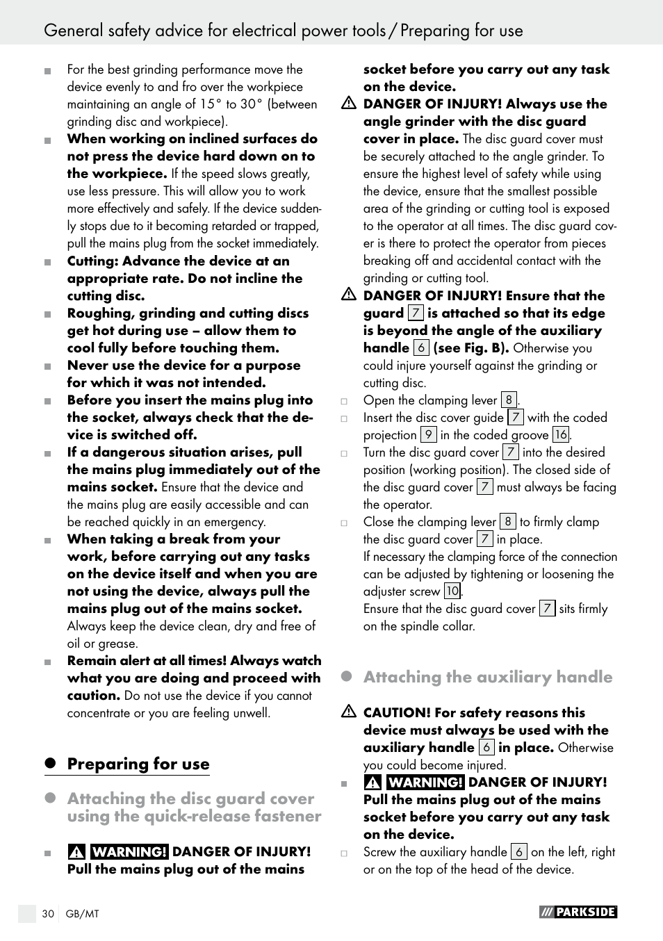 Preparing for use, Attaching the auxiliary handle | Parkside PWS 230 A1 User Manual | Page 30 / 49