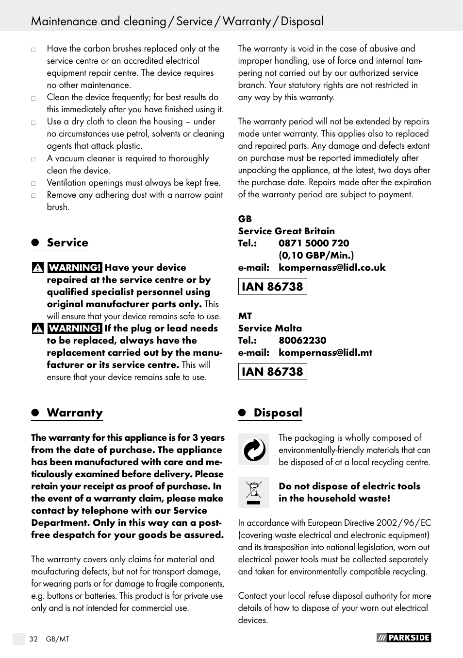 Service, Warranty, Disposal | Parkside PWS 230 A1 User Manual | Page 32 / 49