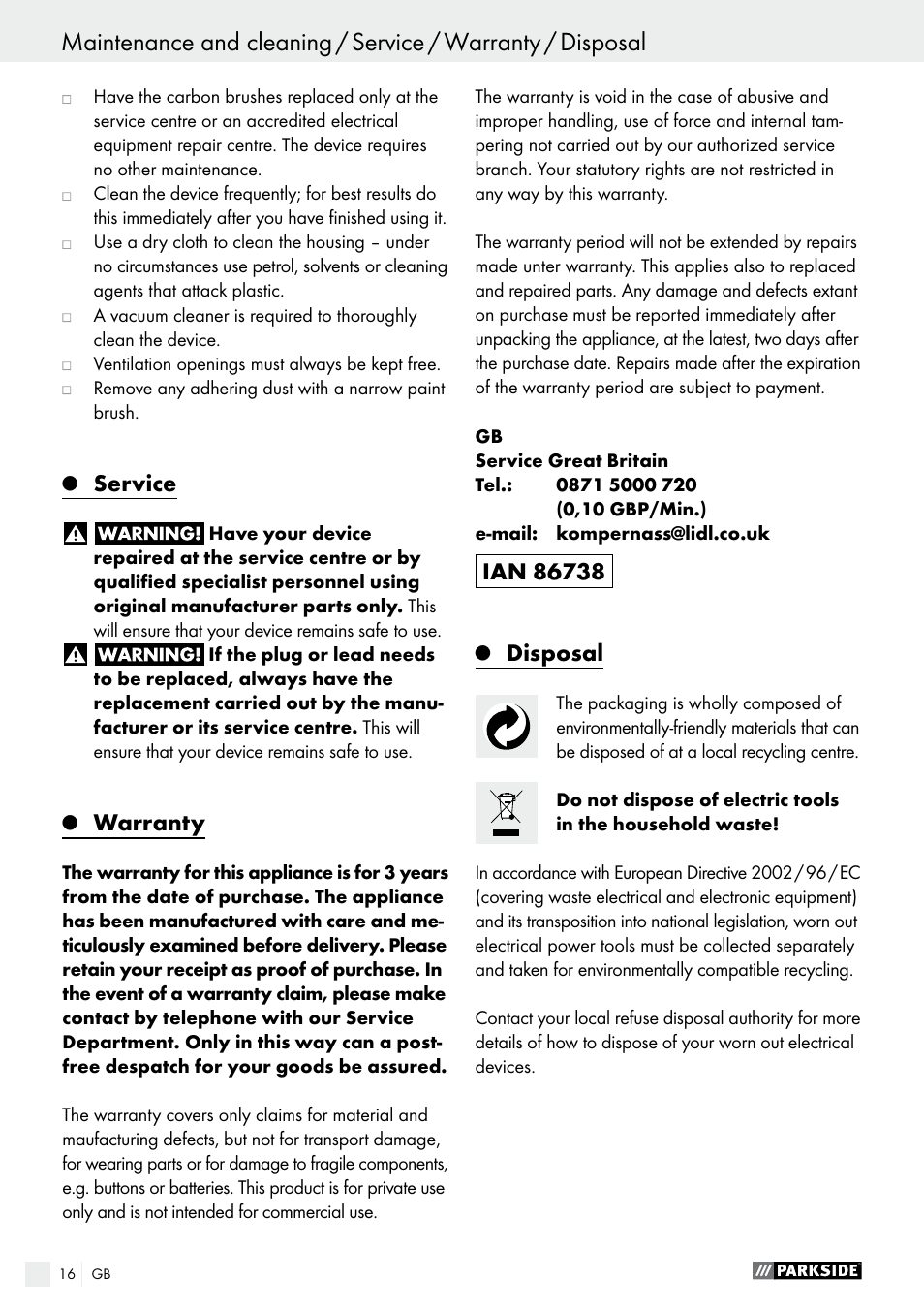 Service, Warranty, Disposal | Parkside PWS 230 A1 User Manual | Page 16 / 89