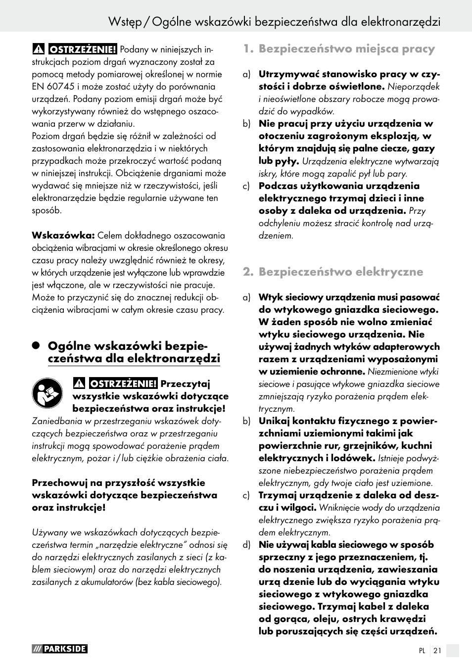 Bezpieczeństwo miejsca pracy, Bezpieczeństwo elektryczne | Parkside PWS 230 A1 User Manual | Page 21 / 89