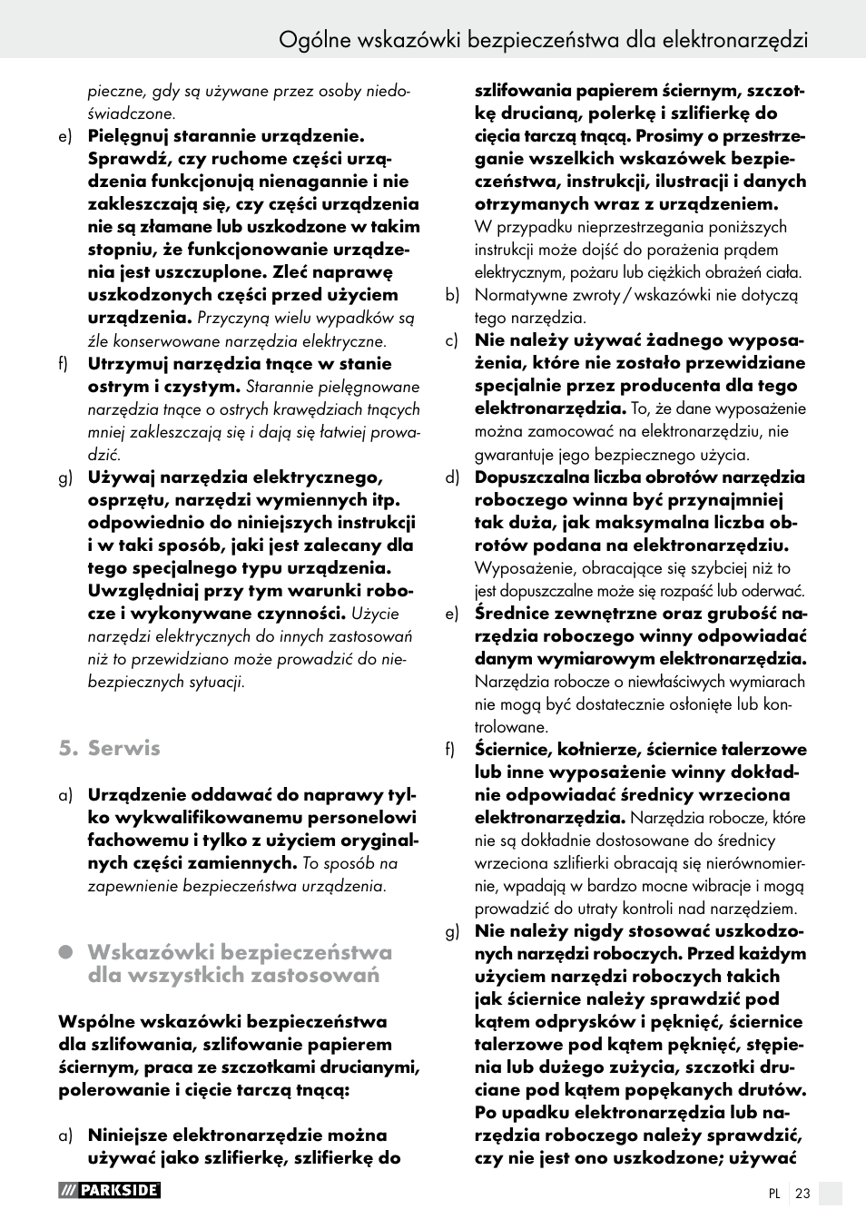 Serwis, Wskazówki bezpieczeństwa dla wszystkich zastosowań | Parkside PWS 230 A1 User Manual | Page 23 / 89