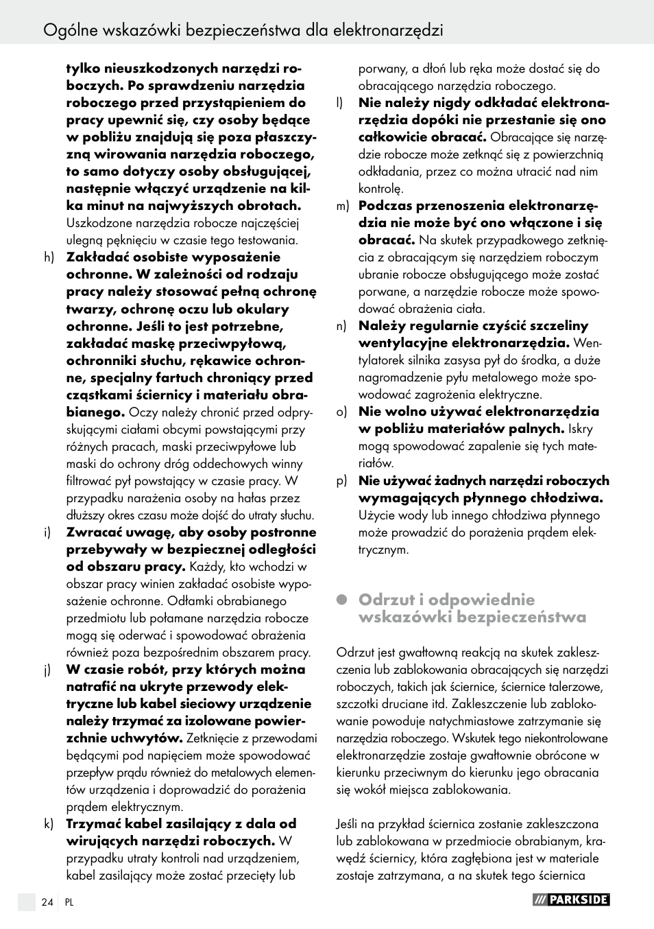 Odrzut i odpowiednie wskazówki bezpieczeństwa | Parkside PWS 230 A1 User Manual | Page 24 / 89