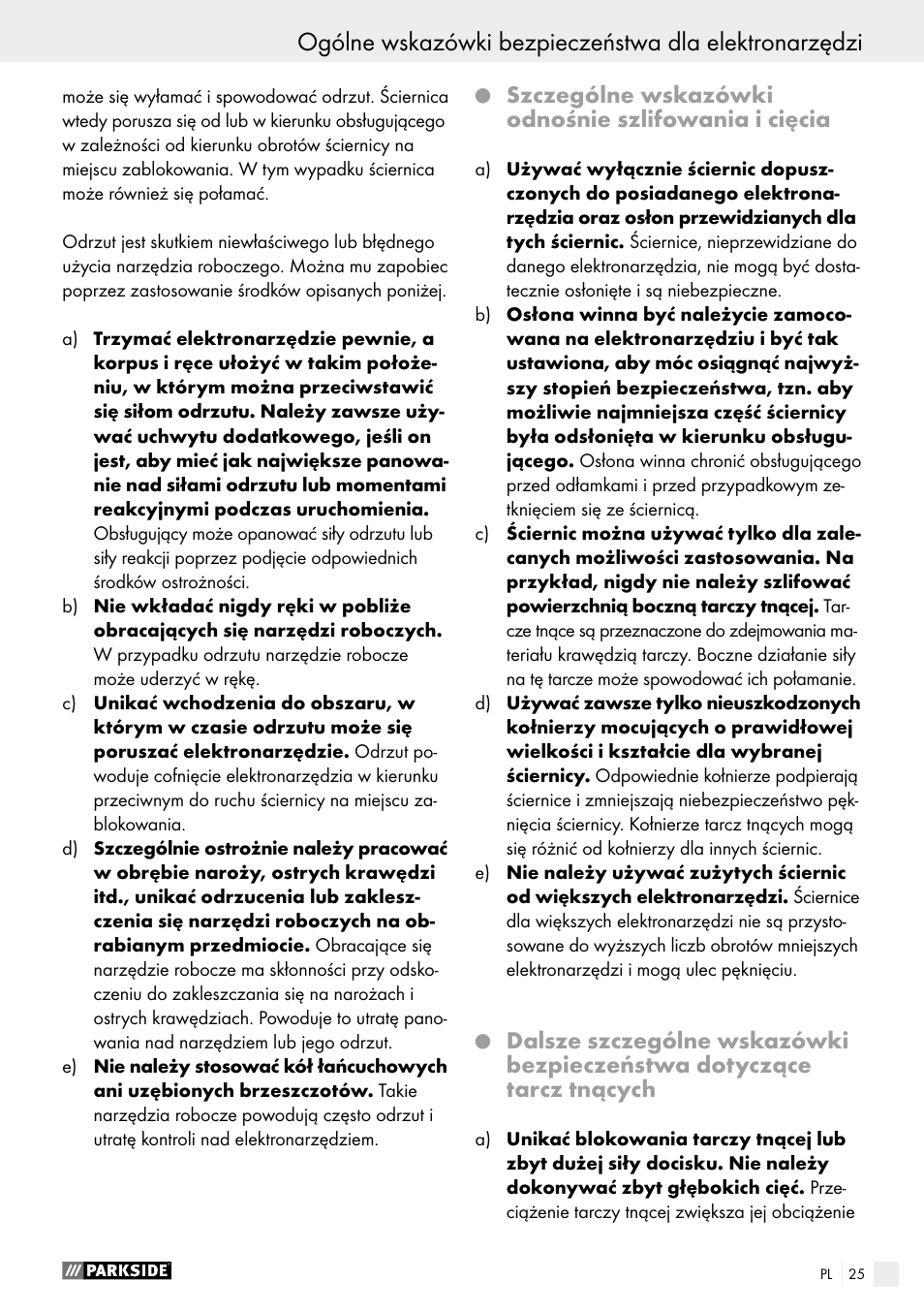 Szczególne wskazówki odnośnie szlifowania i cięcia | Parkside PWS 230 A1 User Manual | Page 25 / 89