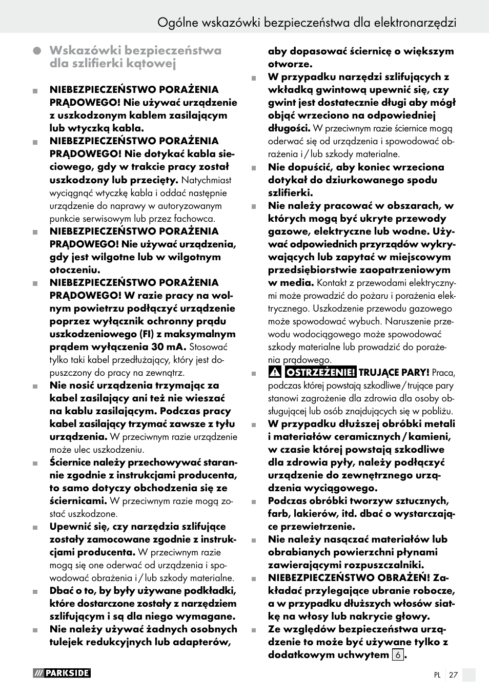 Wskazówki bezpieczeństwa dla szlifierki kątowej | Parkside PWS 230 A1 User Manual | Page 27 / 89