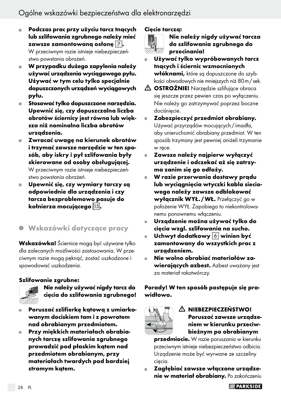 Wskazówki dotyczące pracy | Parkside PWS 230 A1 User Manual | Page 28 / 89