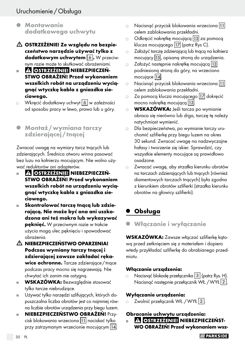 Obsługa, Montowanie dodatkowego uchwytu, Montaż / wymiana tarczy zdzierającej / tnącej | Włączanie i wyłączanie | Parkside PWS 230 A1 User Manual | Page 30 / 89