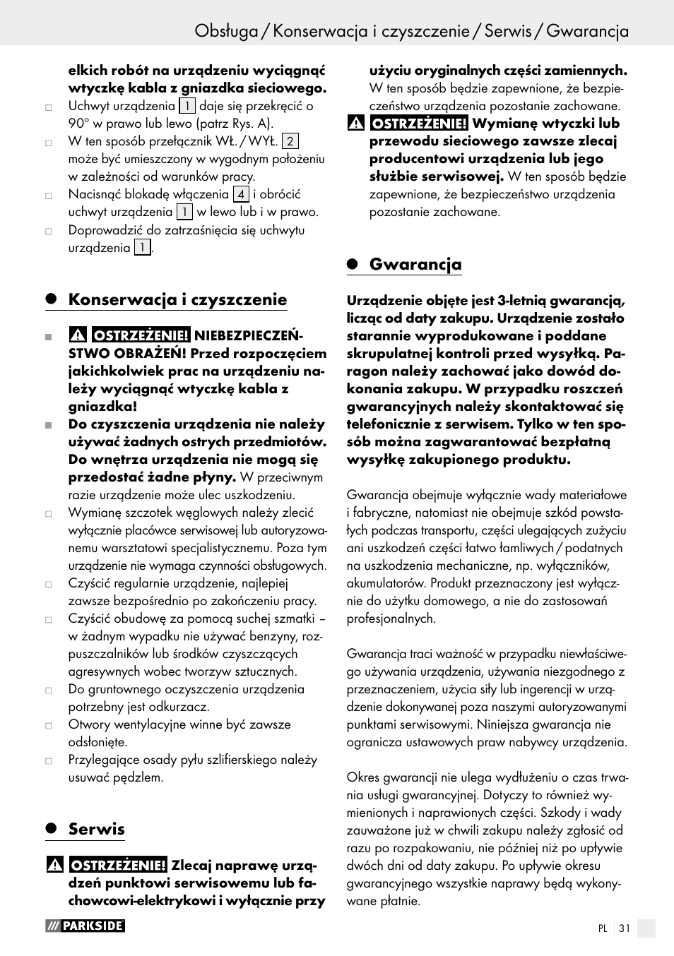 Konserwacja i czyszczenie, Serwis, Gwarancja | Parkside PWS 230 A1 User Manual | Page 31 / 89