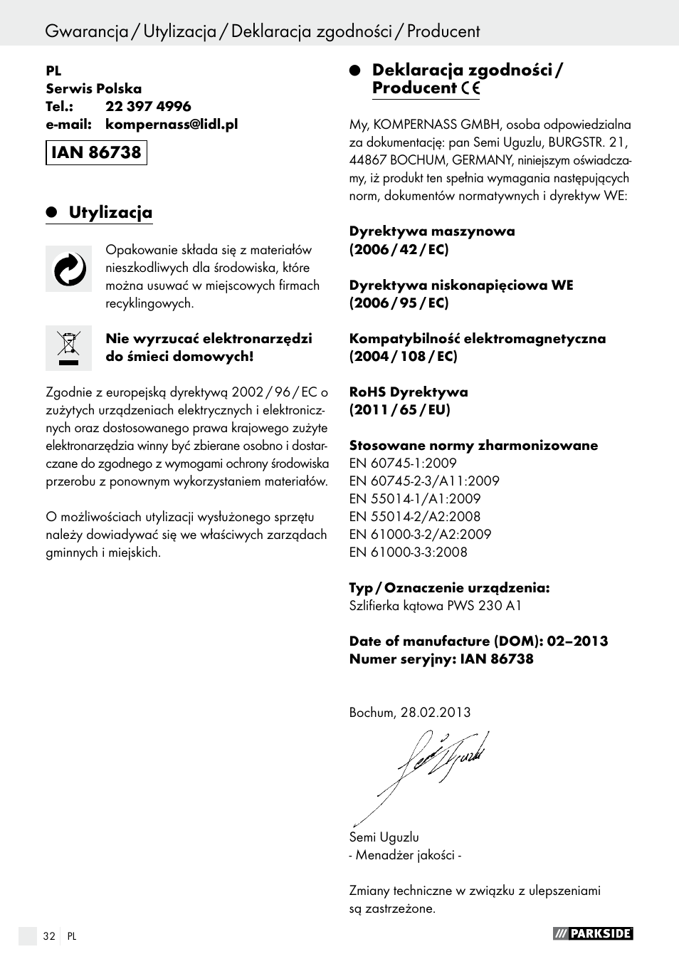 Utylizacja, Deklaracja zgodności / producent | Parkside PWS 230 A1 User Manual | Page 32 / 89