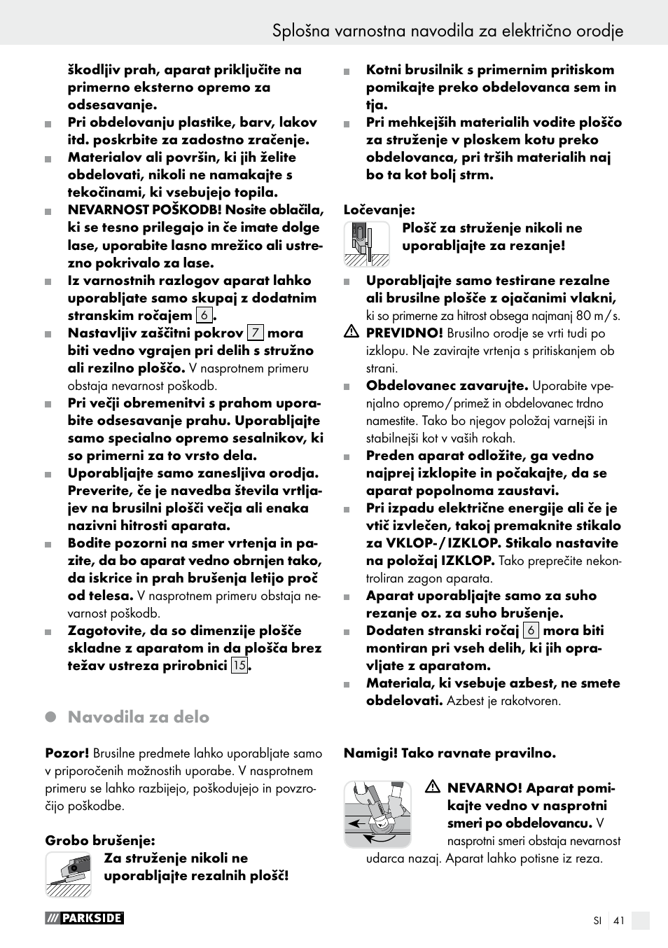 Splošna varnostna navodila za električno orodje, Navodila za delo | Parkside PWS 230 A1 User Manual | Page 41 / 89