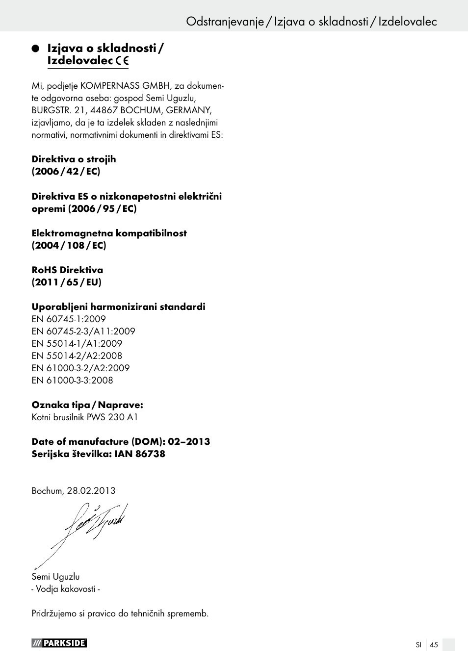 Izjava o skladnosti / izdelovalec, Stran 45, Odstranjevanje / izjava o skladnosti / izdelovalec | Parkside PWS 230 A1 User Manual | Page 45 / 89