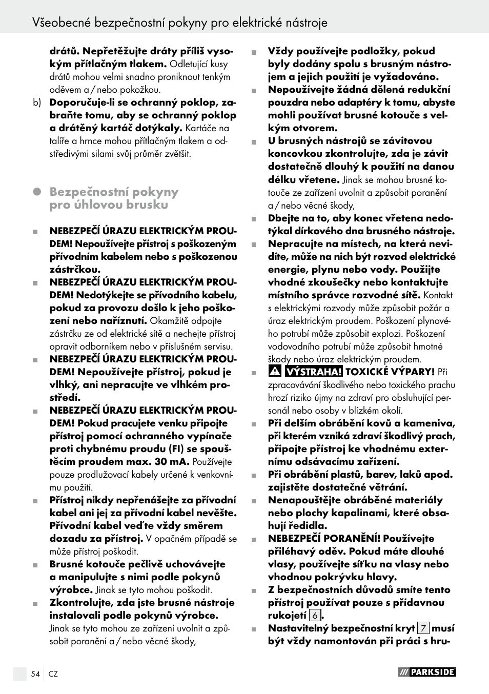 Bezpečnostní pokyny pro úhlovou brusku | Parkside PWS 230 A1 User Manual | Page 54 / 89