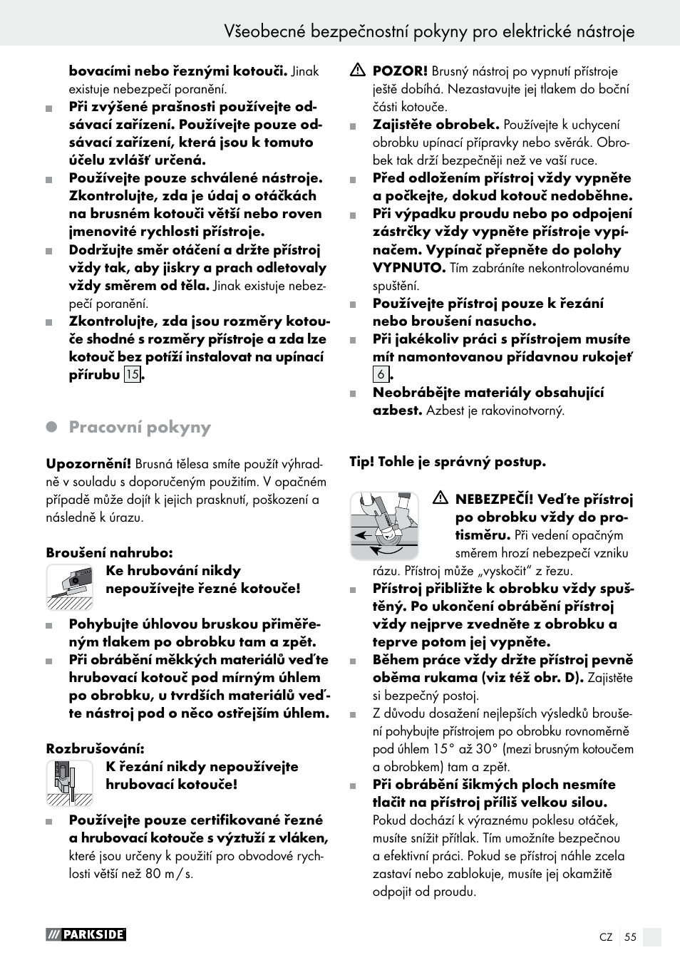 Pracovní pokyny | Parkside PWS 230 A1 User Manual | Page 55 / 89