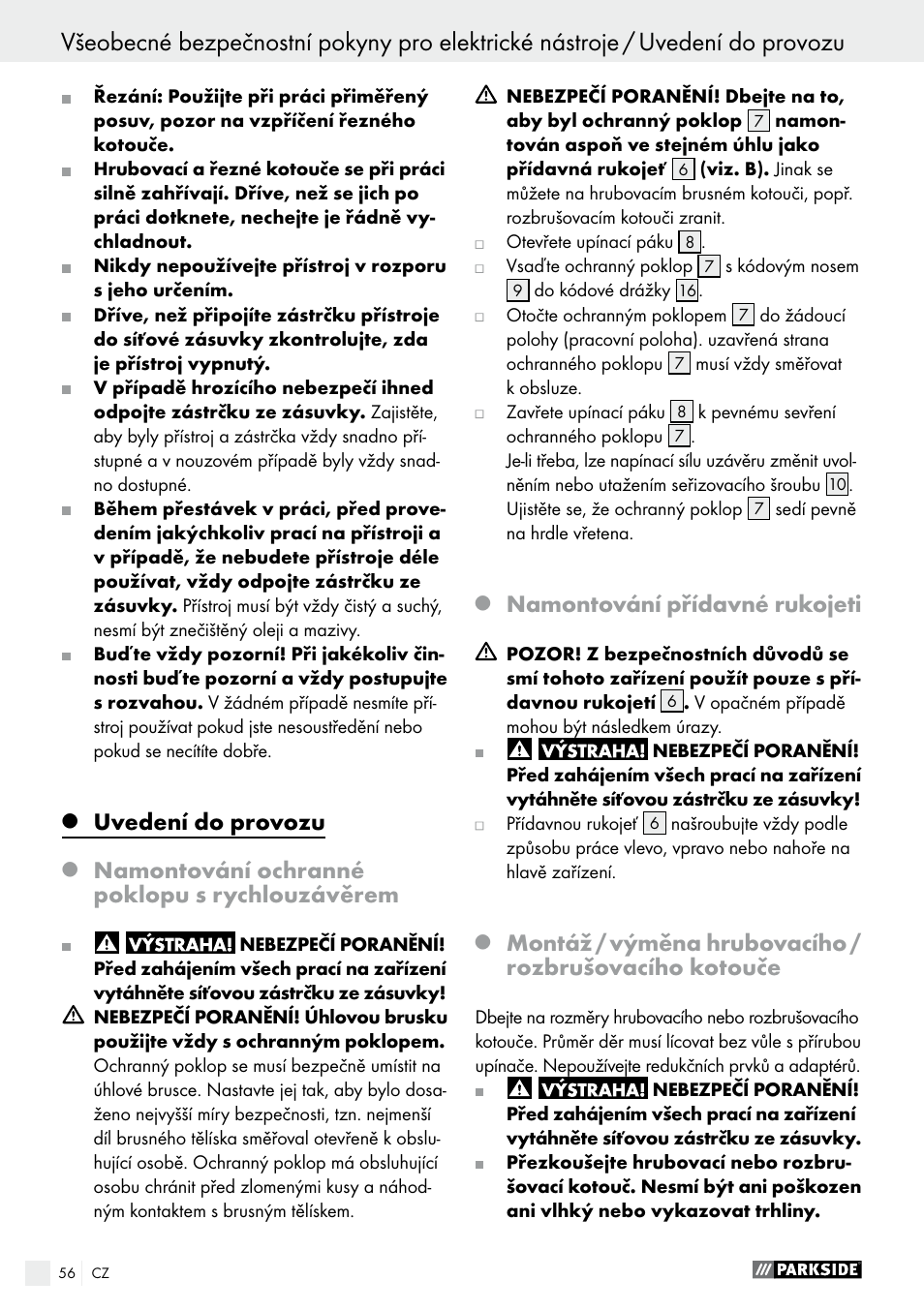 Uvedení do provozu, Uvedení do provozu / obsluha / údržba a čištění, Namontování ochranné poklopu s rychlouzávěrem | Namontování přídavné rukojeti | Parkside PWS 230 A1 User Manual | Page 56 / 89