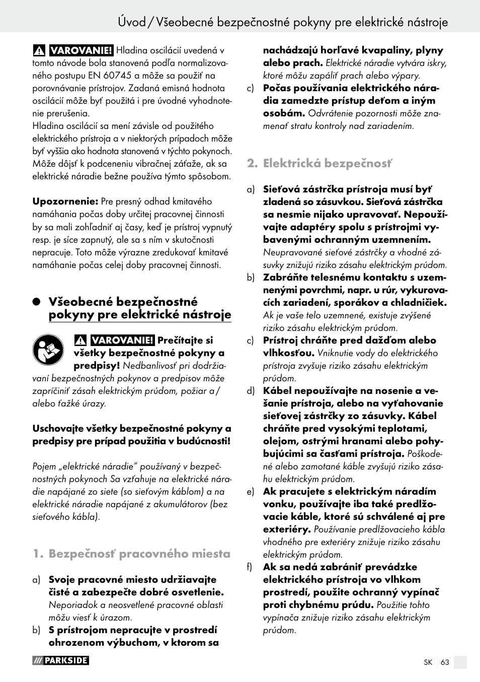 Bezpečnosť pracovného miesta, Elektrická bezpečnosť | Parkside PWS 230 A1 User Manual | Page 63 / 89