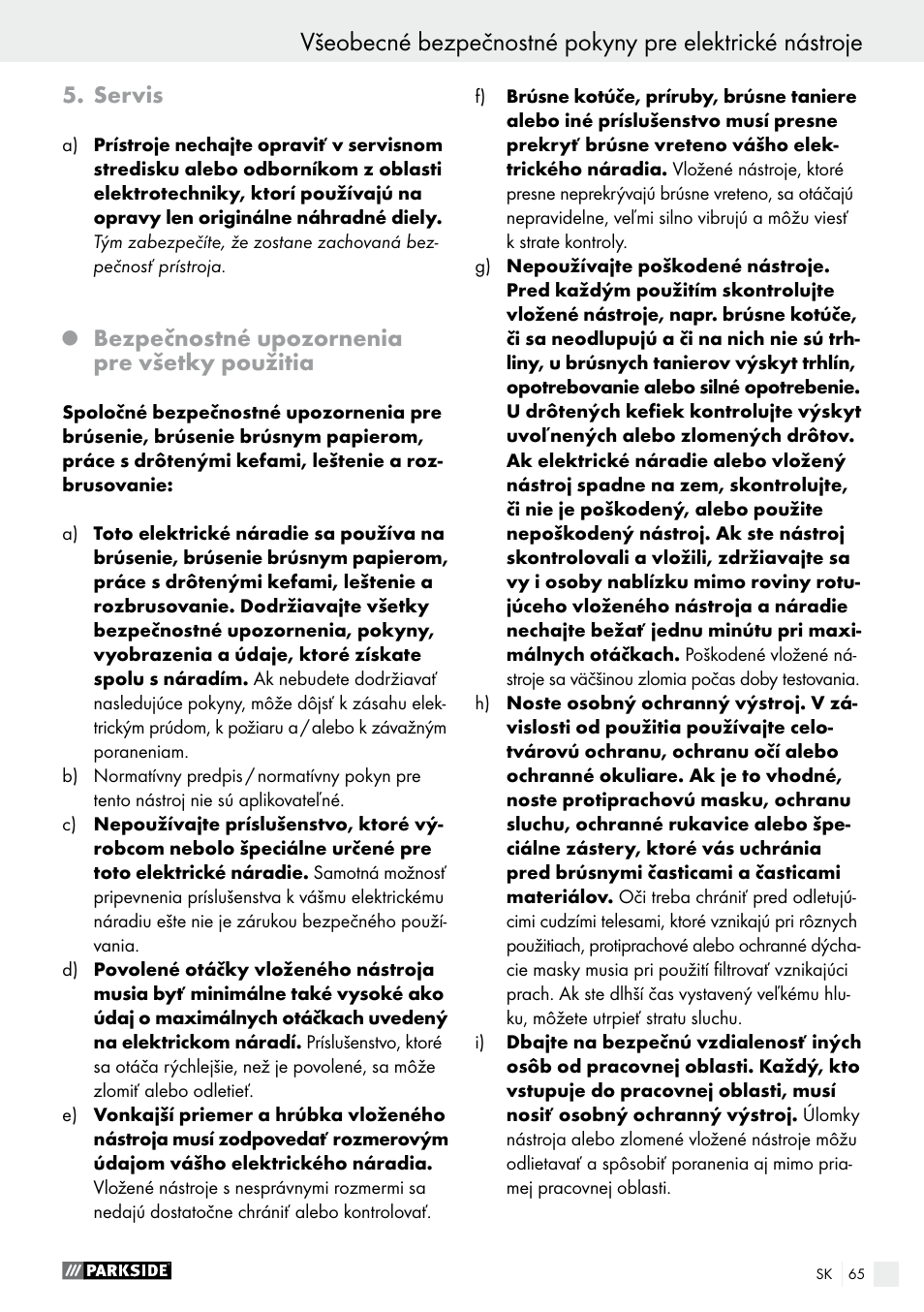 Servis, Bezpečnostné upozornenia pre všetky použitia | Parkside PWS 230 A1 User Manual | Page 65 / 89