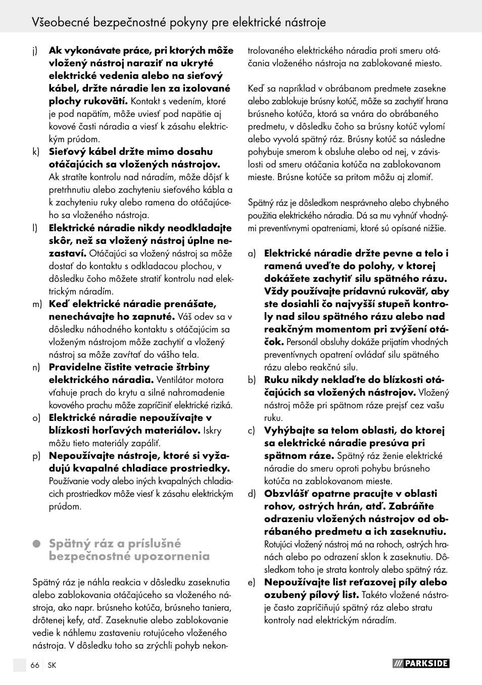Spätný ráz a príslušné bezpečnostné upozornenia | Parkside PWS 230 A1 User Manual | Page 66 / 89