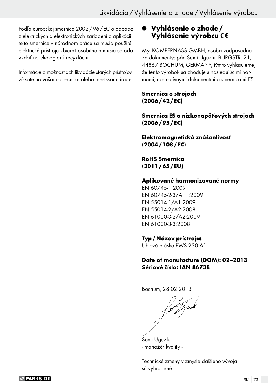 Vyhlásenie o zhode / vyhlásenie výrobcu | Parkside PWS 230 A1 User Manual | Page 73 / 89