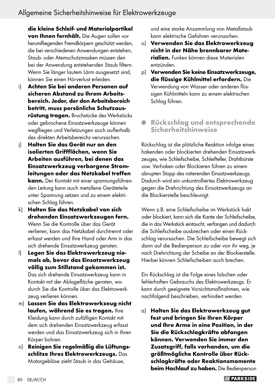 Rückschlag und entsprechende sicherheitshinweise | Parkside PWS 230 A1 User Manual | Page 80 / 89