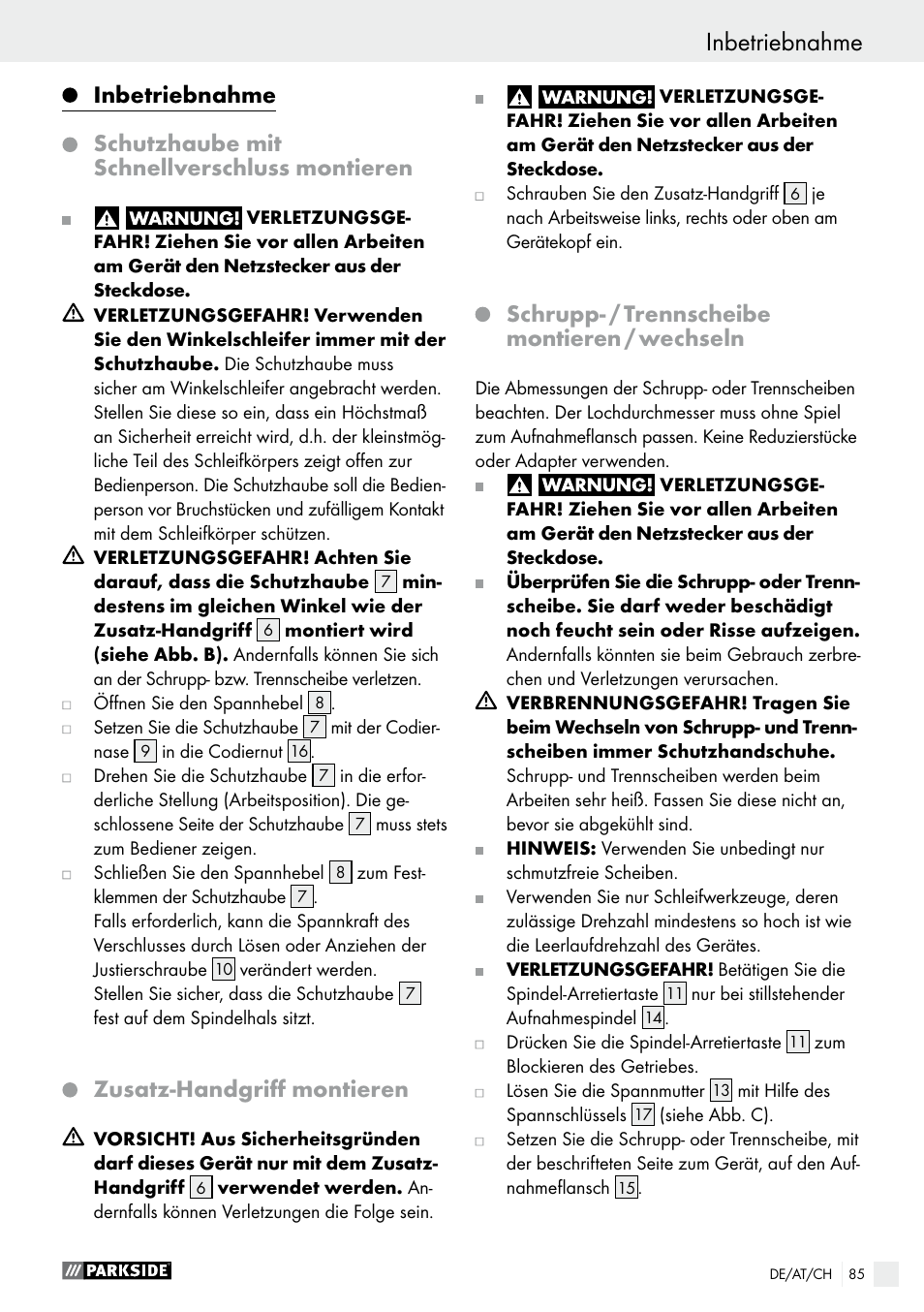 Inbetriebnahme, Schutzhaube mit schnellverschluss montieren, Zusatz-handgriff montieren | Schrupp- / trennscheibe montieren / wechseln | Parkside PWS 230 A1 User Manual | Page 85 / 89