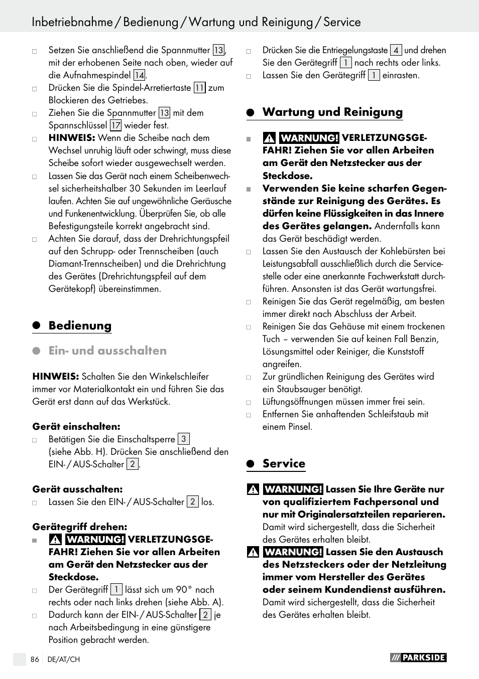 Bedienung, Ein- und ausschalten, Wartung und reinigung | Service, Seite 86 | Parkside PWS 230 A1 User Manual | Page 86 / 89