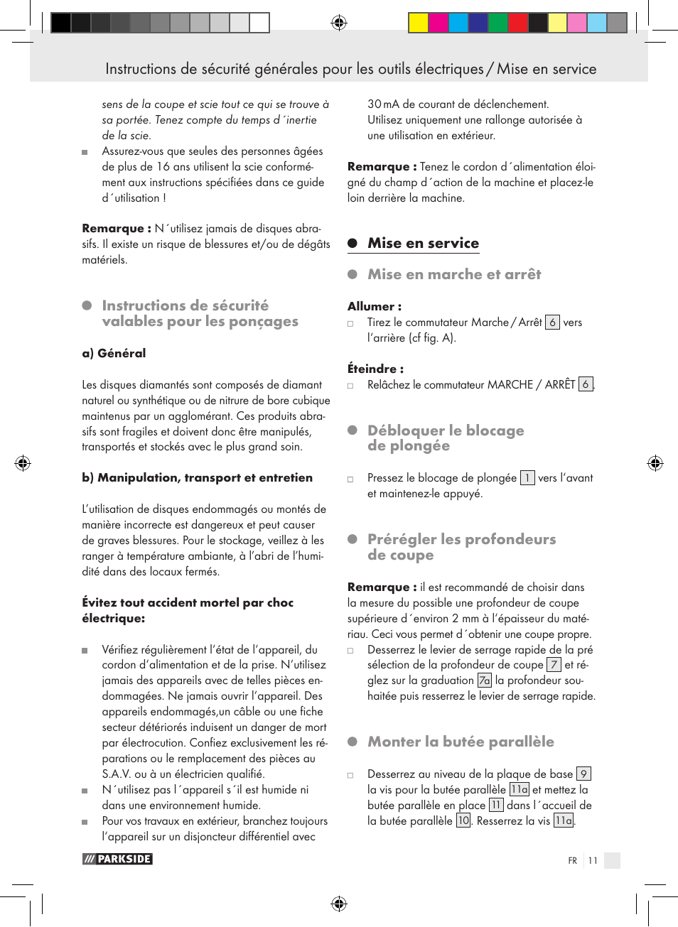 Mise en service, Mise en marche et arrêt, Débloquer le blocage de plongée | Prérégler les profondeurs de coupe, Monter la butée parallèle | Parkside PTS 480 A1 User Manual | Page 11 / 34
