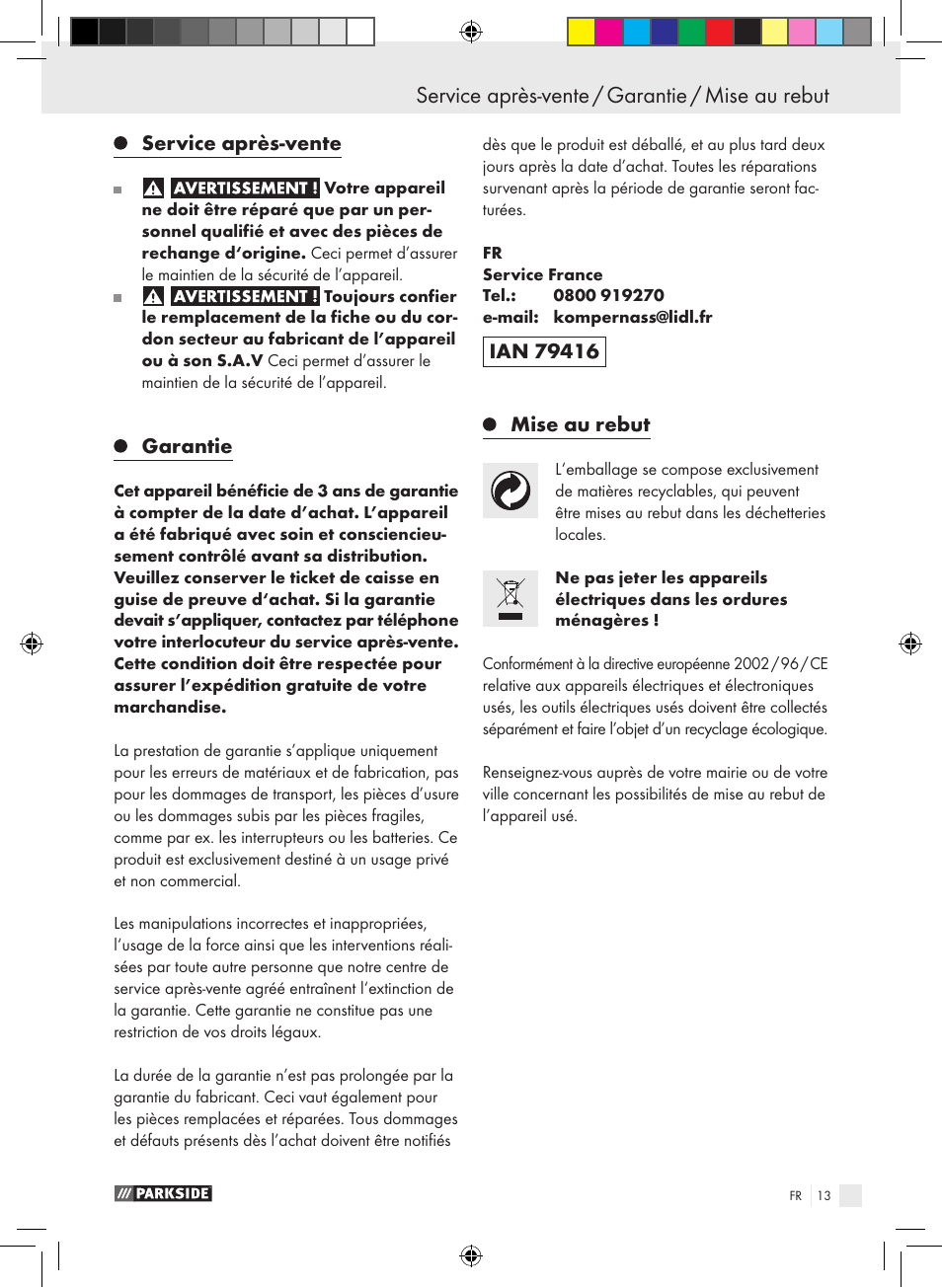 Service après-vente / garantie / mise au rebut, Service après-vente, Garantie | Mise au rebut | Parkside PTS 480 A1 User Manual | Page 13 / 34