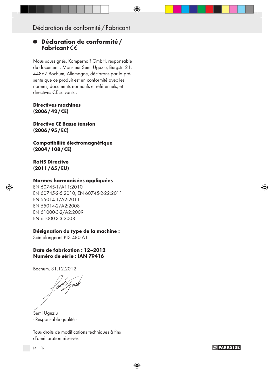 Déclaration de conformité / fabricant | Parkside PTS 480 A1 User Manual | Page 14 / 34