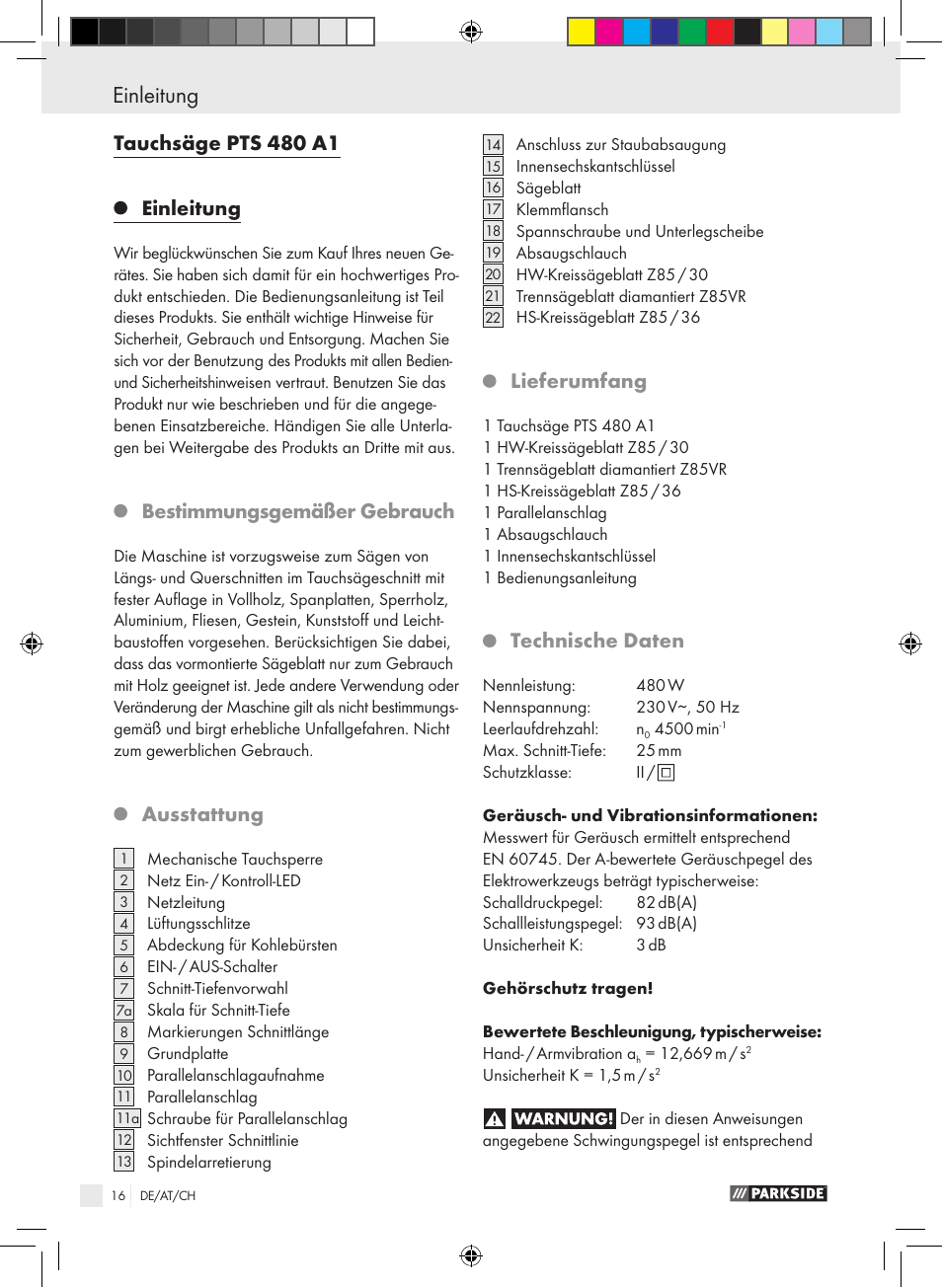 Einleitung, Tauchsäge pts 480 a1, Bestimmungsgemäßer gebrauch | Ausstattung, Lieferumfang, Technische daten | Parkside PTS 480 A1 User Manual | Page 16 / 34
