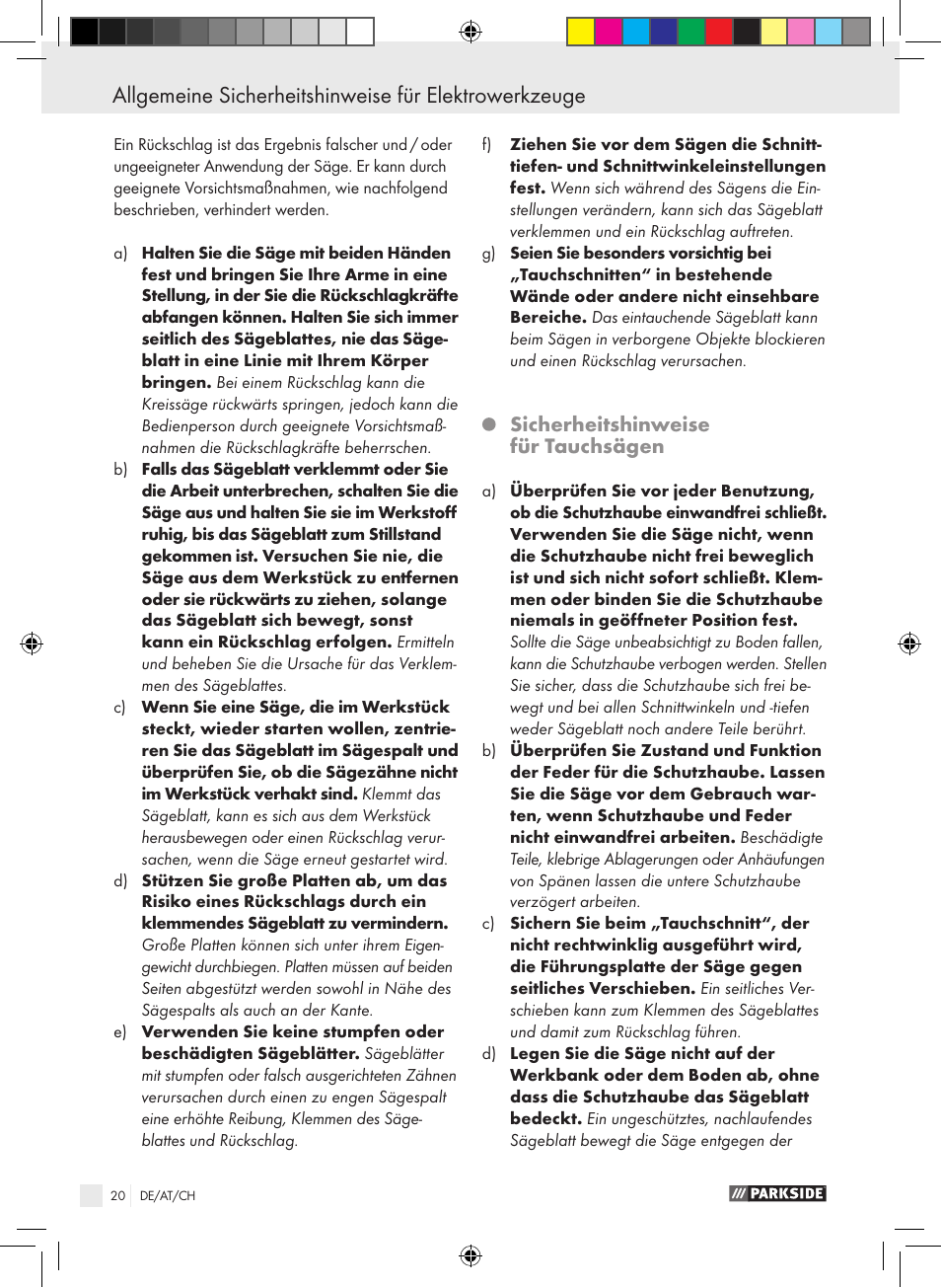 Sicherheitshinweise für tauchsägen | Parkside PTS 480 A1 User Manual | Page 20 / 34