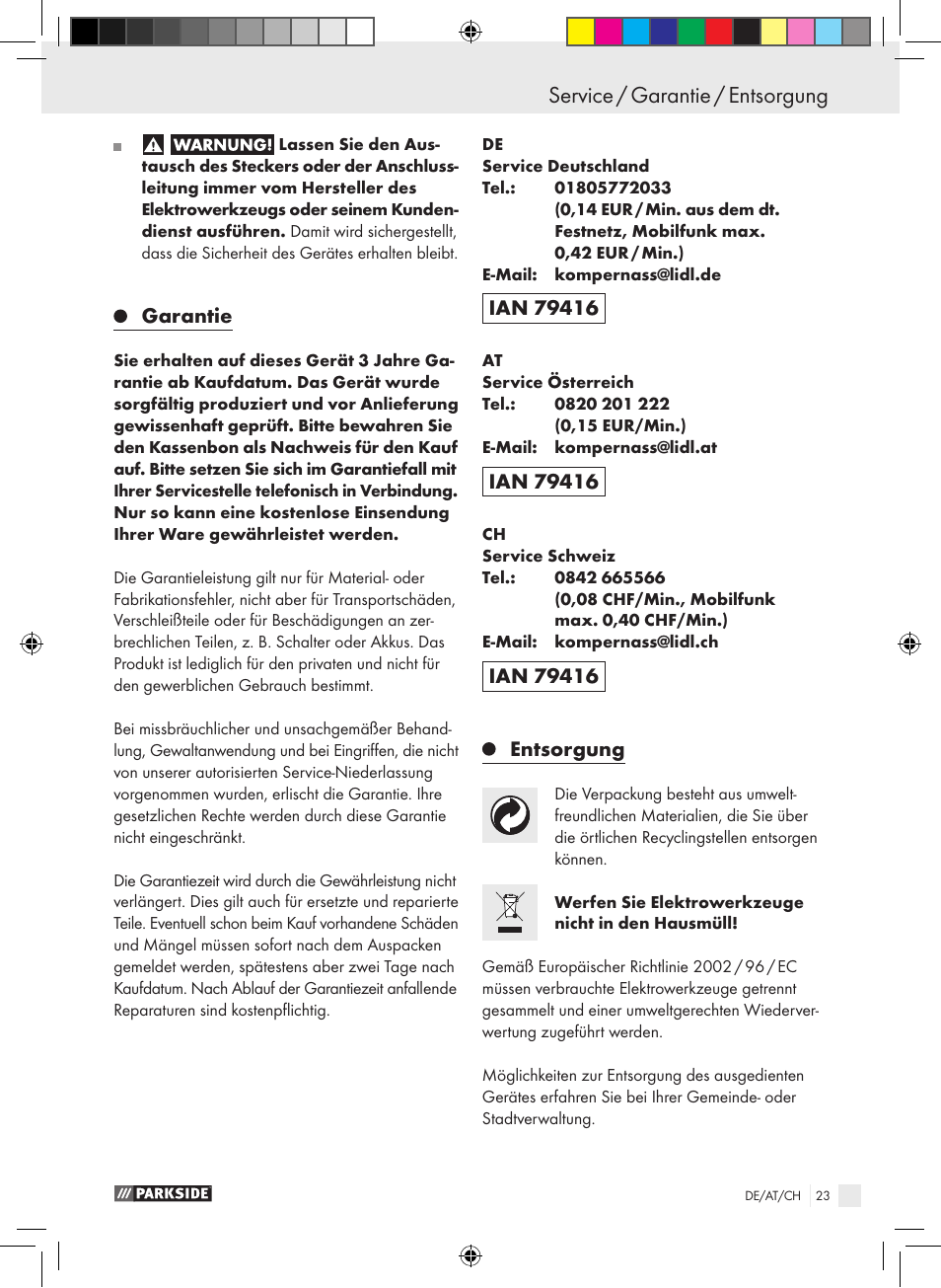 Service / garantie / entsorgung | Parkside PTS 480 A1 User Manual | Page 23 / 34