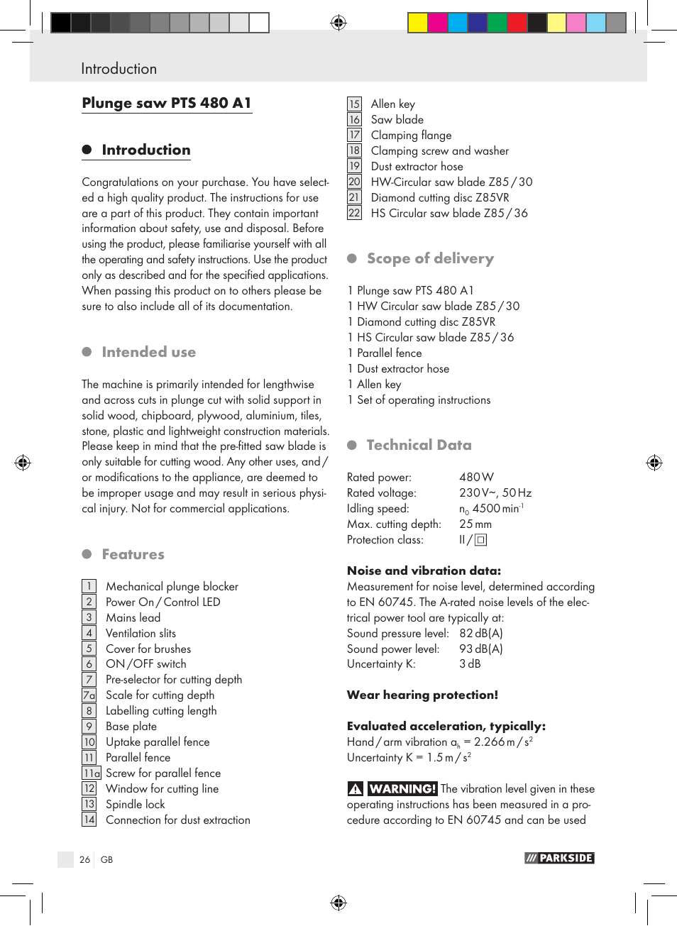 Introduction, Plunge saw pts 480 a1 introduction, Intended use | Features, Scope of delivery, Technical data | Parkside PTS 480 A1 User Manual | Page 26 / 34