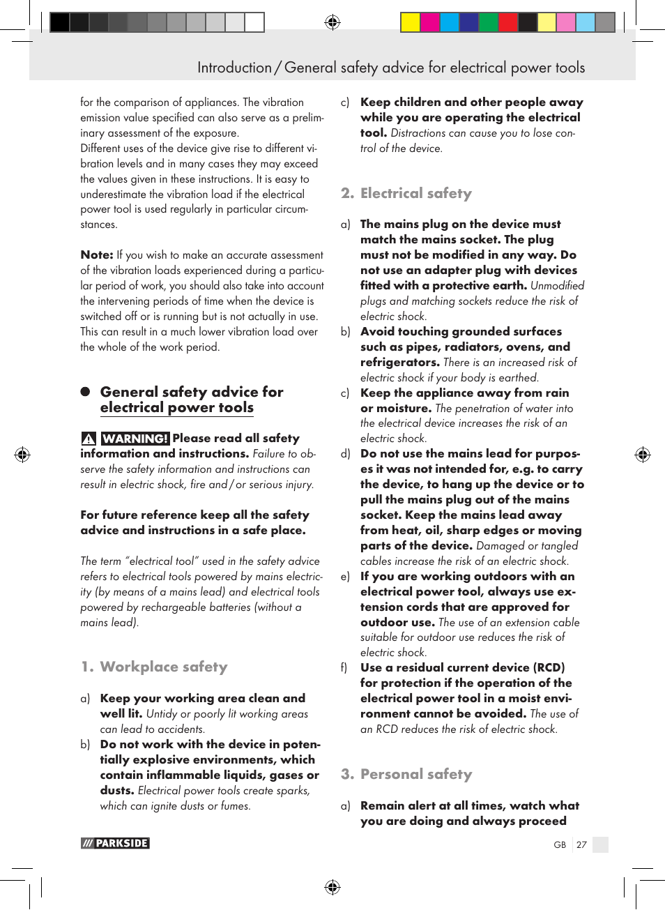 General safety advice for electrical power tools, Workplace safety, Electrical safety | Personal safety | Parkside PTS 480 A1 User Manual | Page 27 / 34