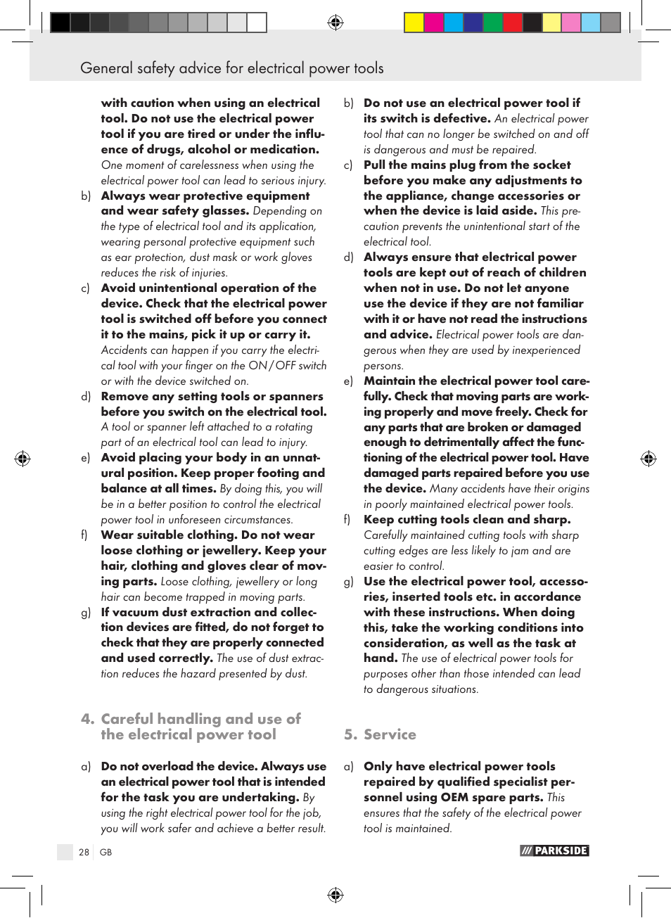 General safety advice for electrical power tools | Parkside PTS 480 A1 User Manual | Page 28 / 34