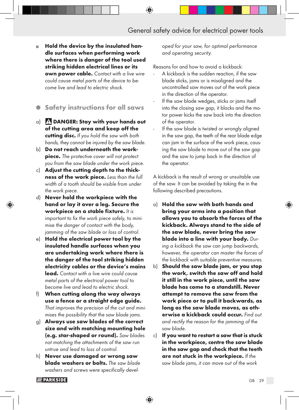 General safety advice for electrical power tools, Safety instructions for all saws | Parkside PTS 480 A1 User Manual | Page 29 / 34