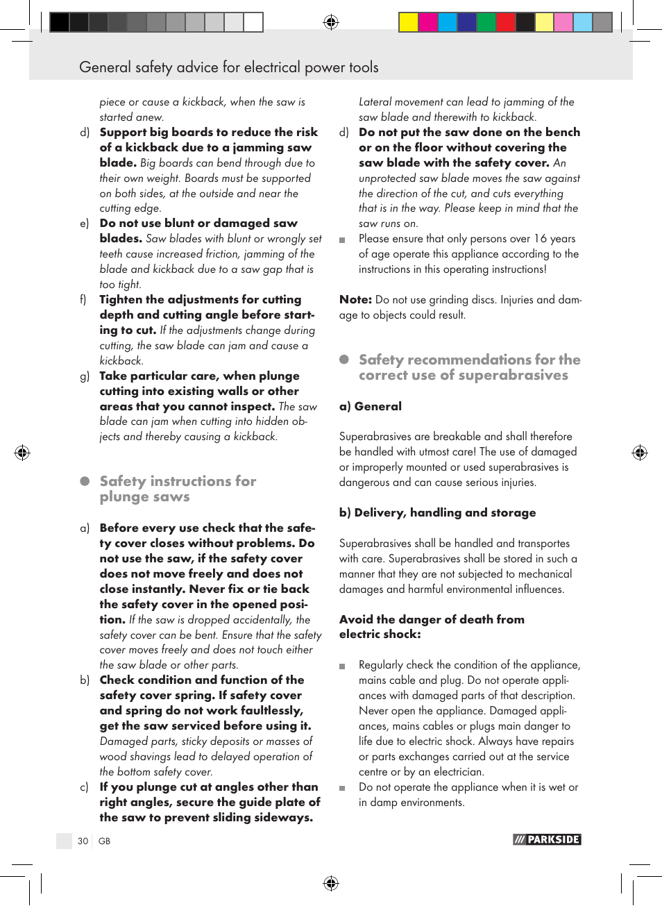 General safety advice for electrical power tools | Parkside PTS 480 A1 User Manual | Page 30 / 34