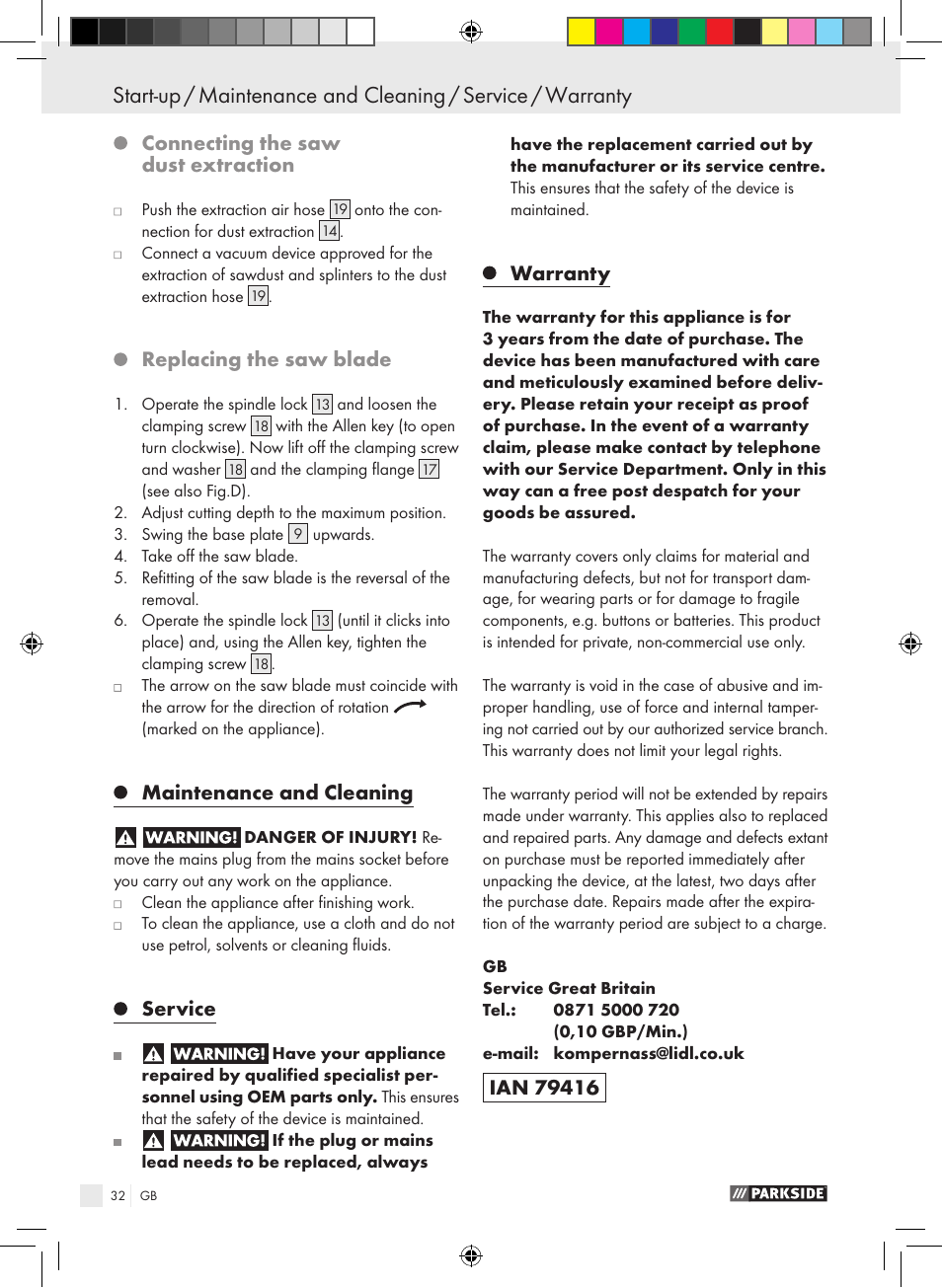 Connecting the saw dust extraction, Replacing the saw blade, Maintenance and cleaning | Service, Warranty | Parkside PTS 480 A1 User Manual | Page 32 / 34