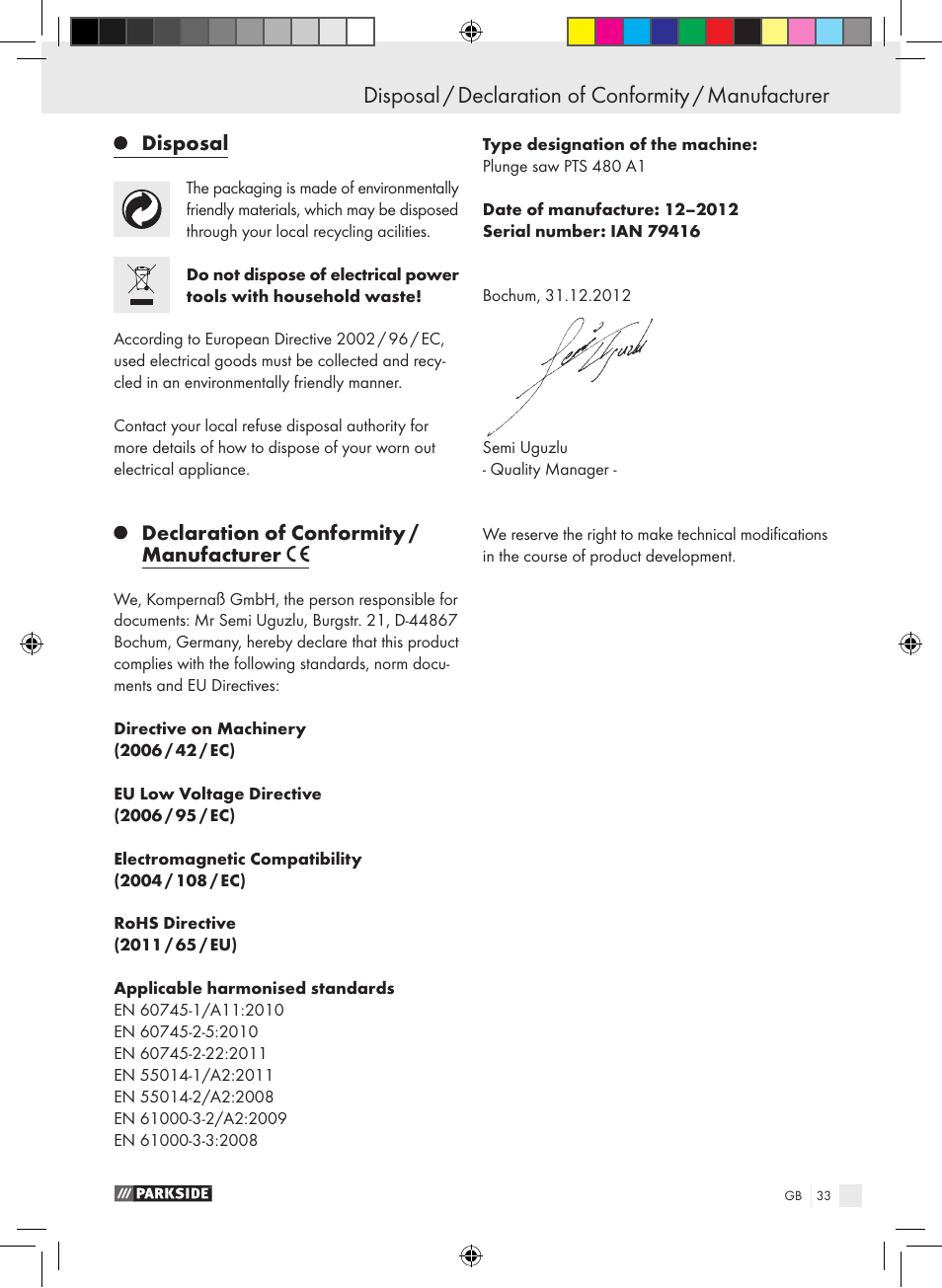 Parkside PTS 480 A1 User Manual | Page 33 / 34