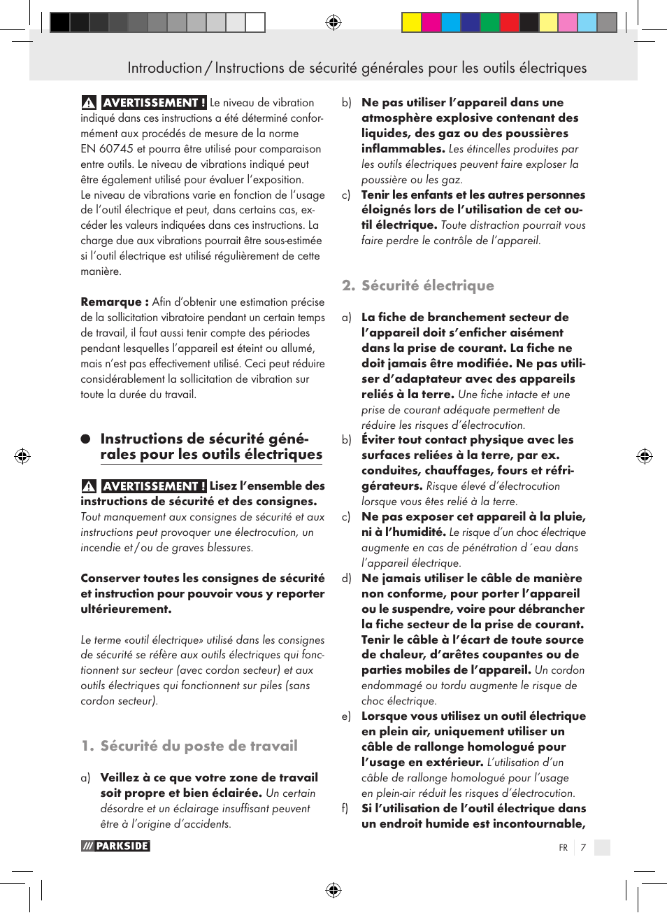 Sécurité du poste de travail, Sécurité électrique | Parkside PTS 480 A1 User Manual | Page 7 / 34