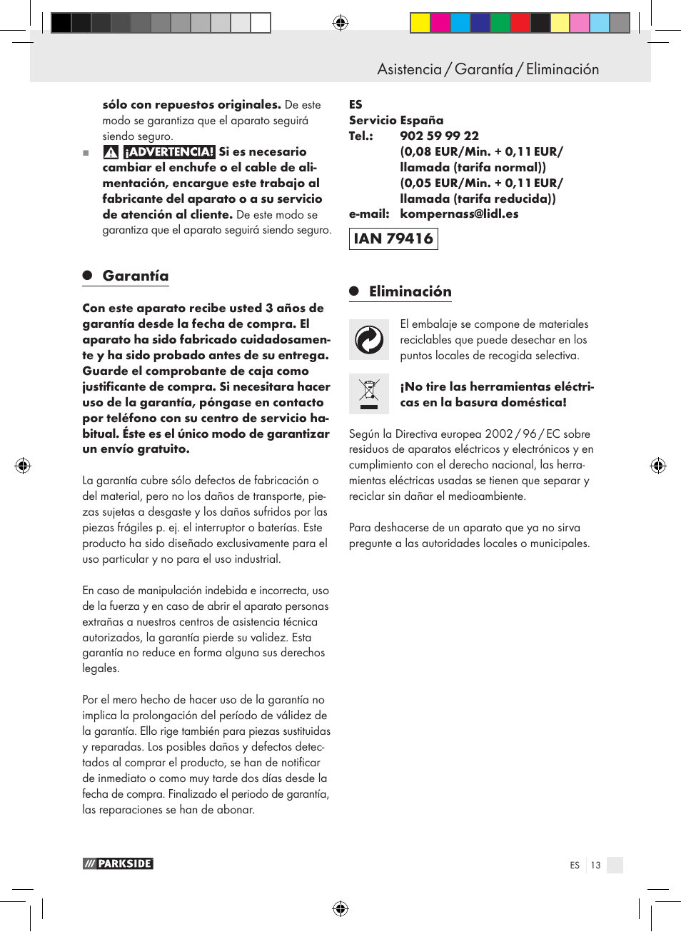 Asistencia / garantía / eliminación, Garantía, Eliminación | Parkside PTS 480 A1 User Manual | Page 13 / 55