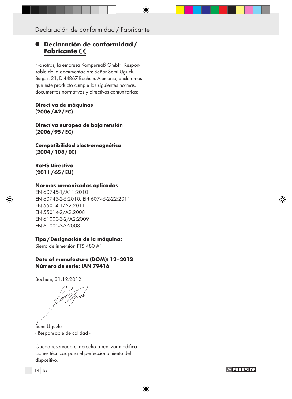 Declaración de conformidad / fabricante | Parkside PTS 480 A1 User Manual | Page 14 / 55