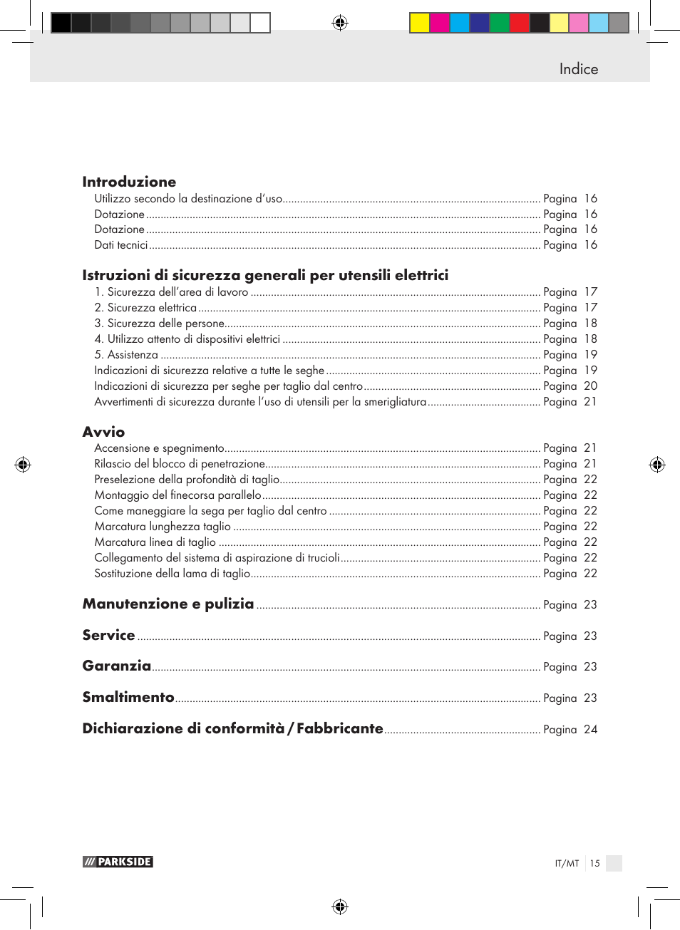 Indice | Parkside PTS 480 A1 User Manual | Page 15 / 55