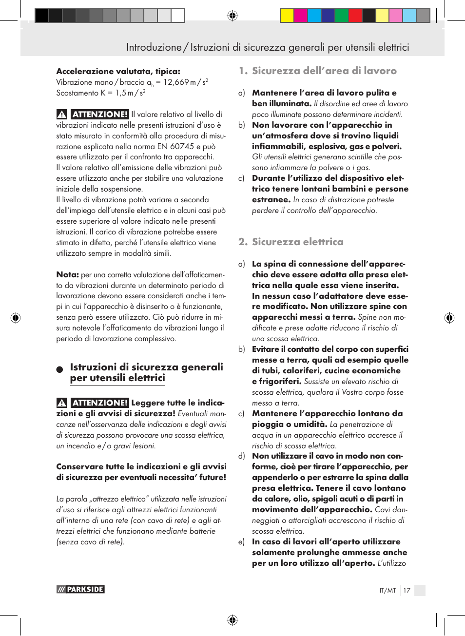 Sicurezza dell’area di lavoro, Sicurezza elettrica | Parkside PTS 480 A1 User Manual | Page 17 / 55