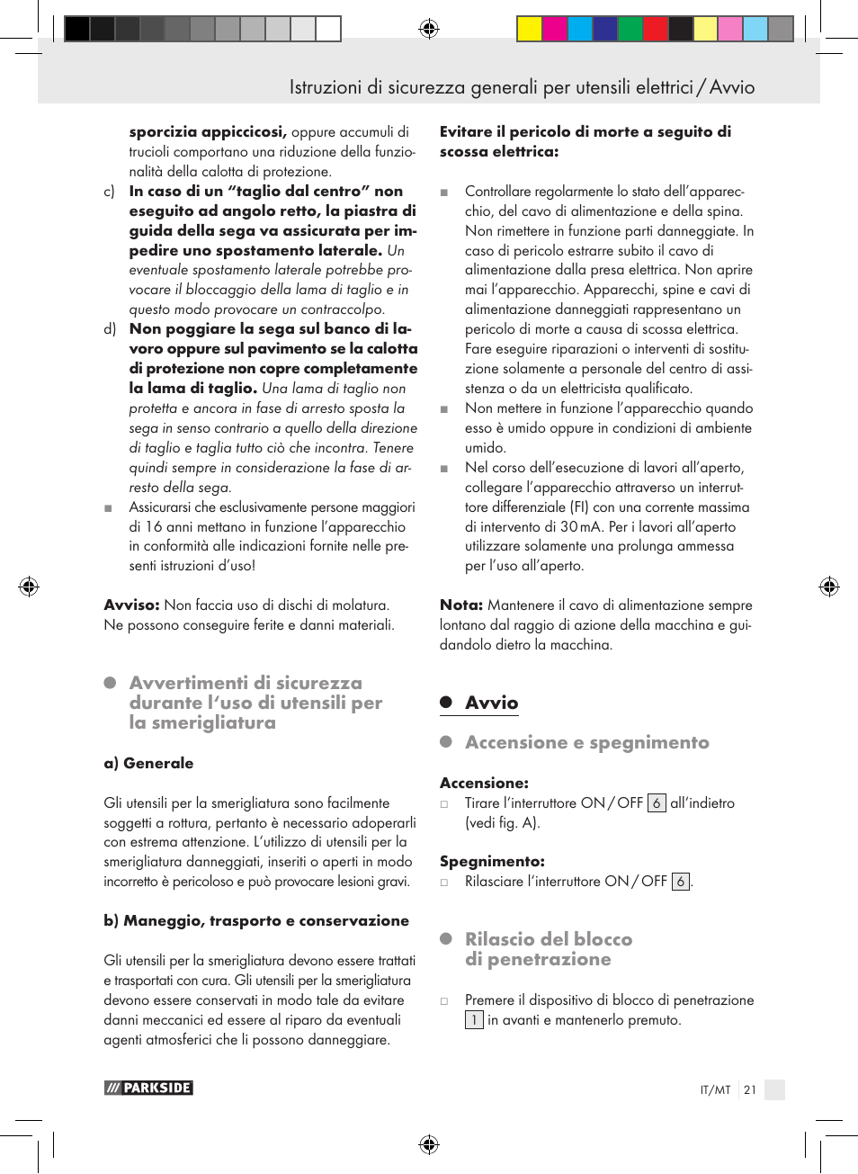 Avvio, Accensione e spegnimento, Rilascio del blocco di penetrazione | Parkside PTS 480 A1 User Manual | Page 21 / 55