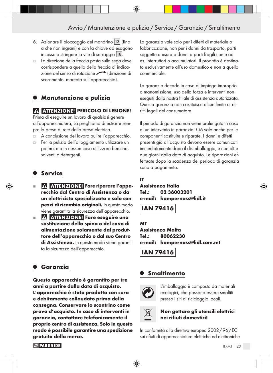 Manutenzione e pulizia, Service, Garanzia | Smaltimento | Parkside PTS 480 A1 User Manual | Page 23 / 55