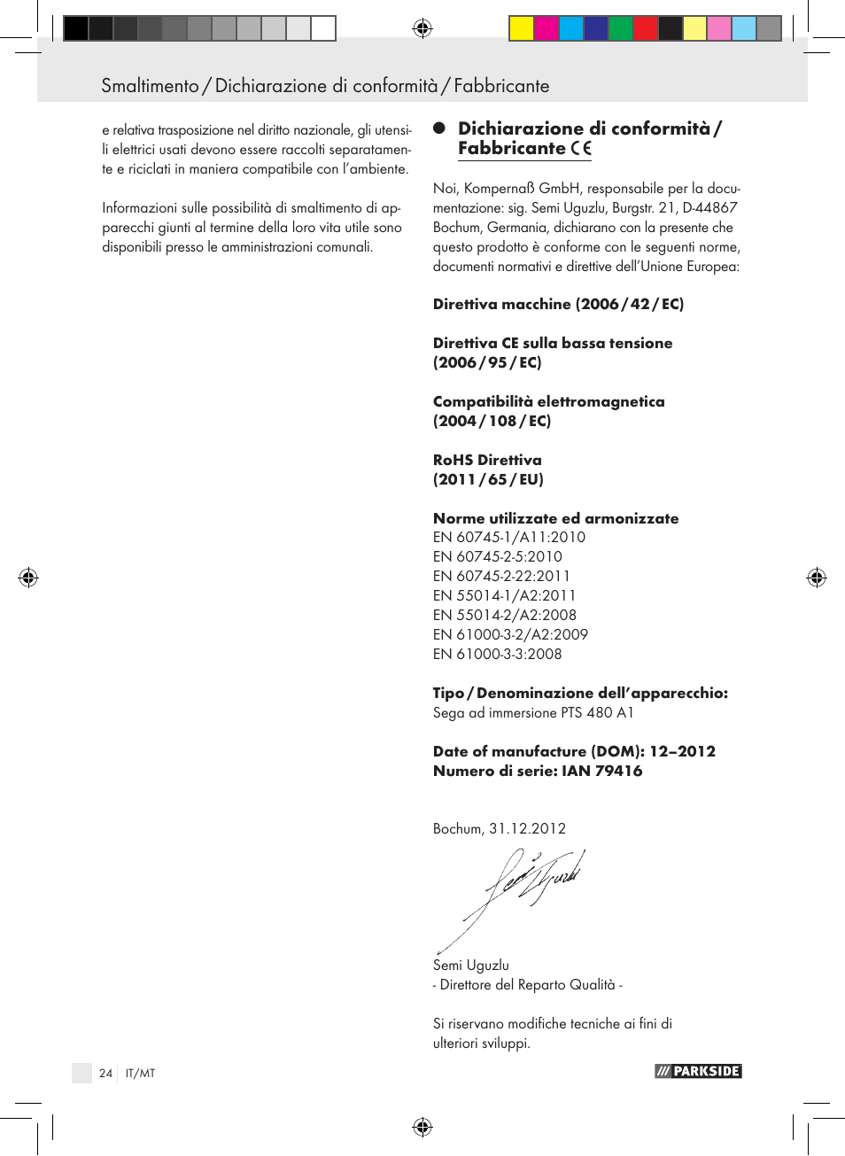 Dichiarazione di conformità / fabbricante | Parkside PTS 480 A1 User Manual | Page 24 / 55